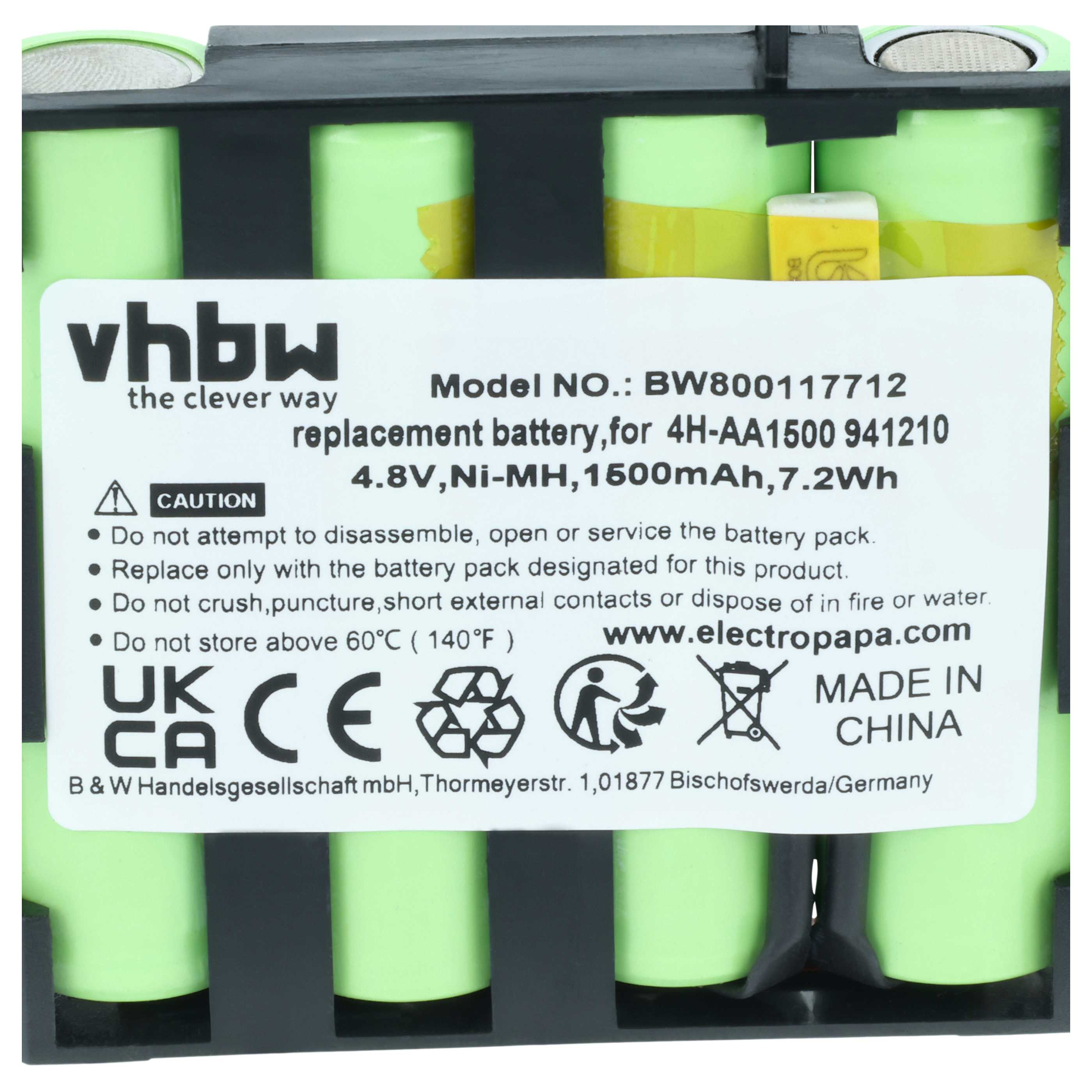 Grüner Ni-MH Akku Pack mit Vhbw Etikett, Modell BW800117712, 4.8V und Warnhinweisen.