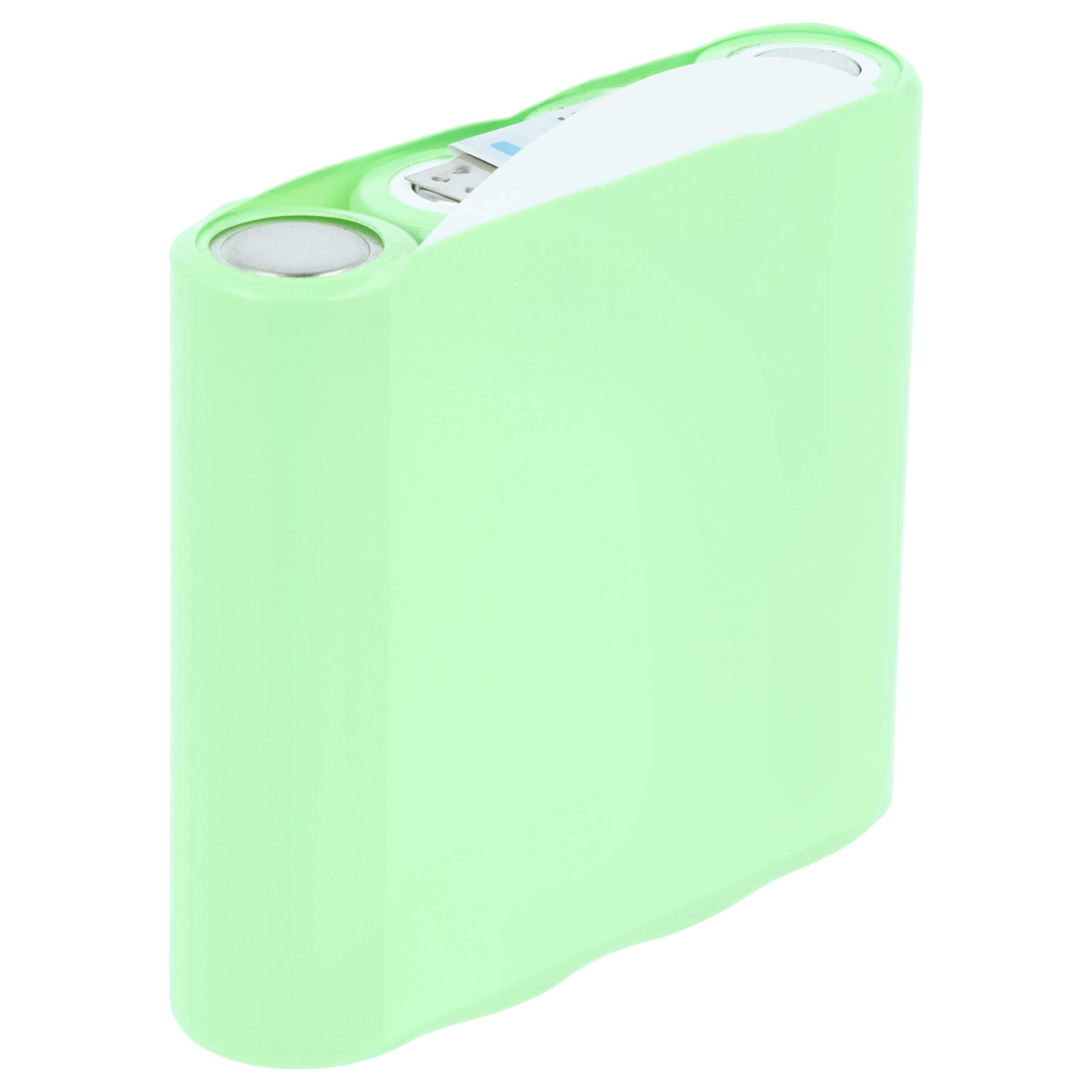Ein hellgrüner Lithium-Ionen-Akkupack mit sichtbaren zylindrischen Zellen und einer Schutzfolie.