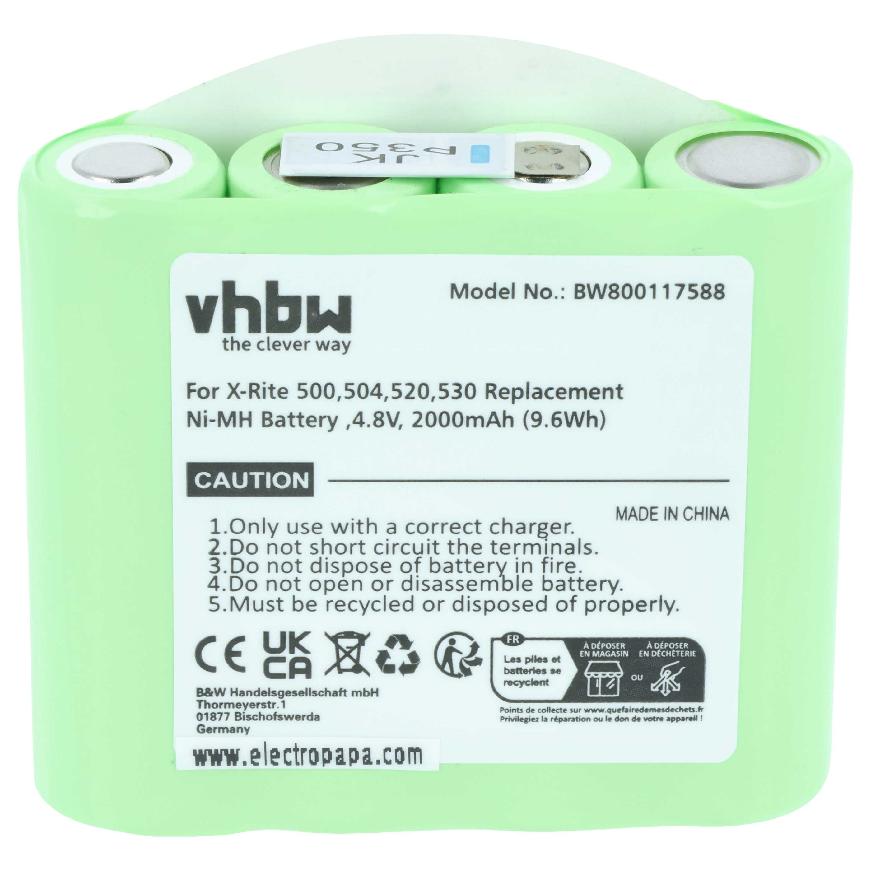 Ein hellgrüner Ni-MH-Akku für X-Rite-Geräte mit einem Produktetikett und Sicherheitshinweisen.