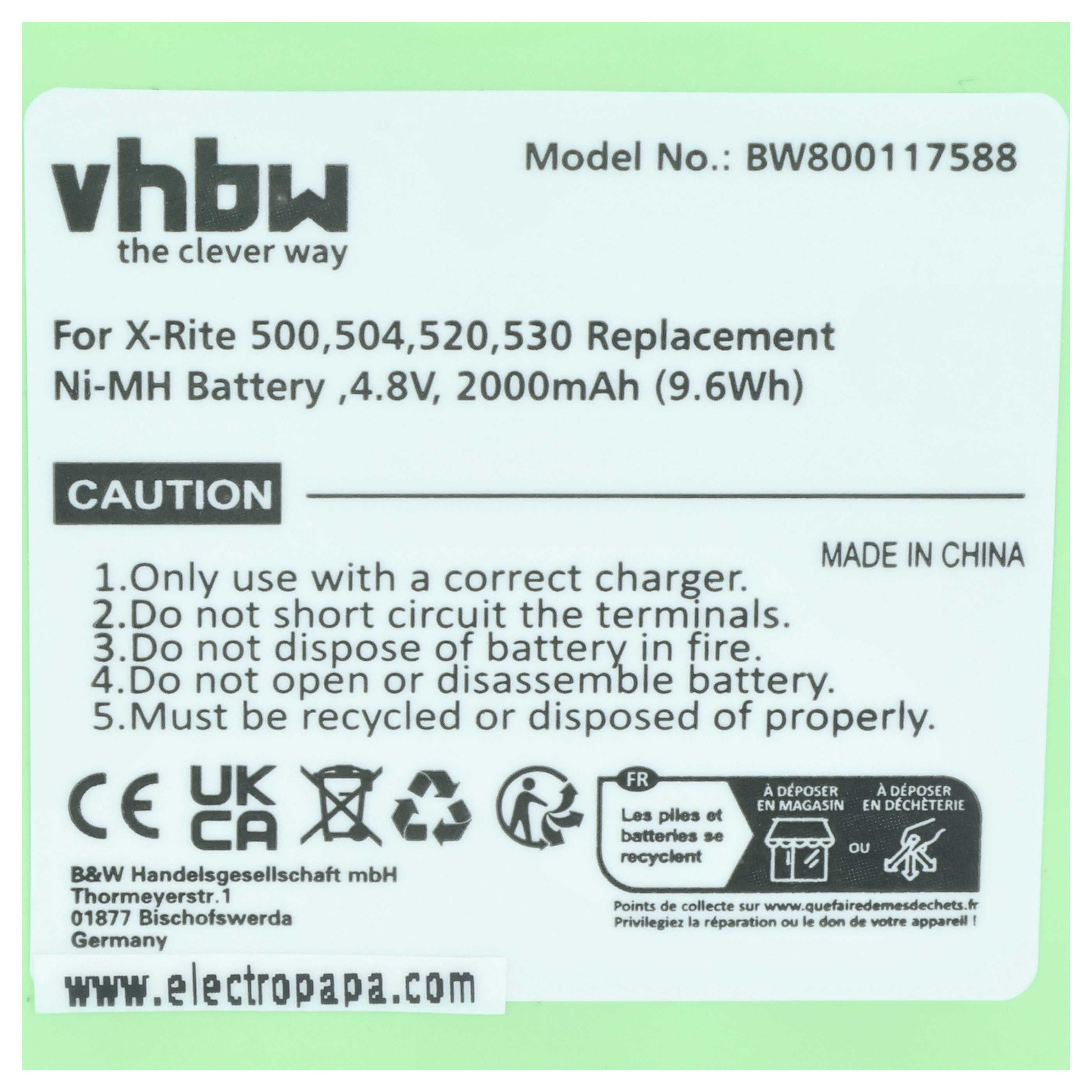 Grünes Batterieetikett mit Warnungen, Vhbw-Logo und Spezifikationen.