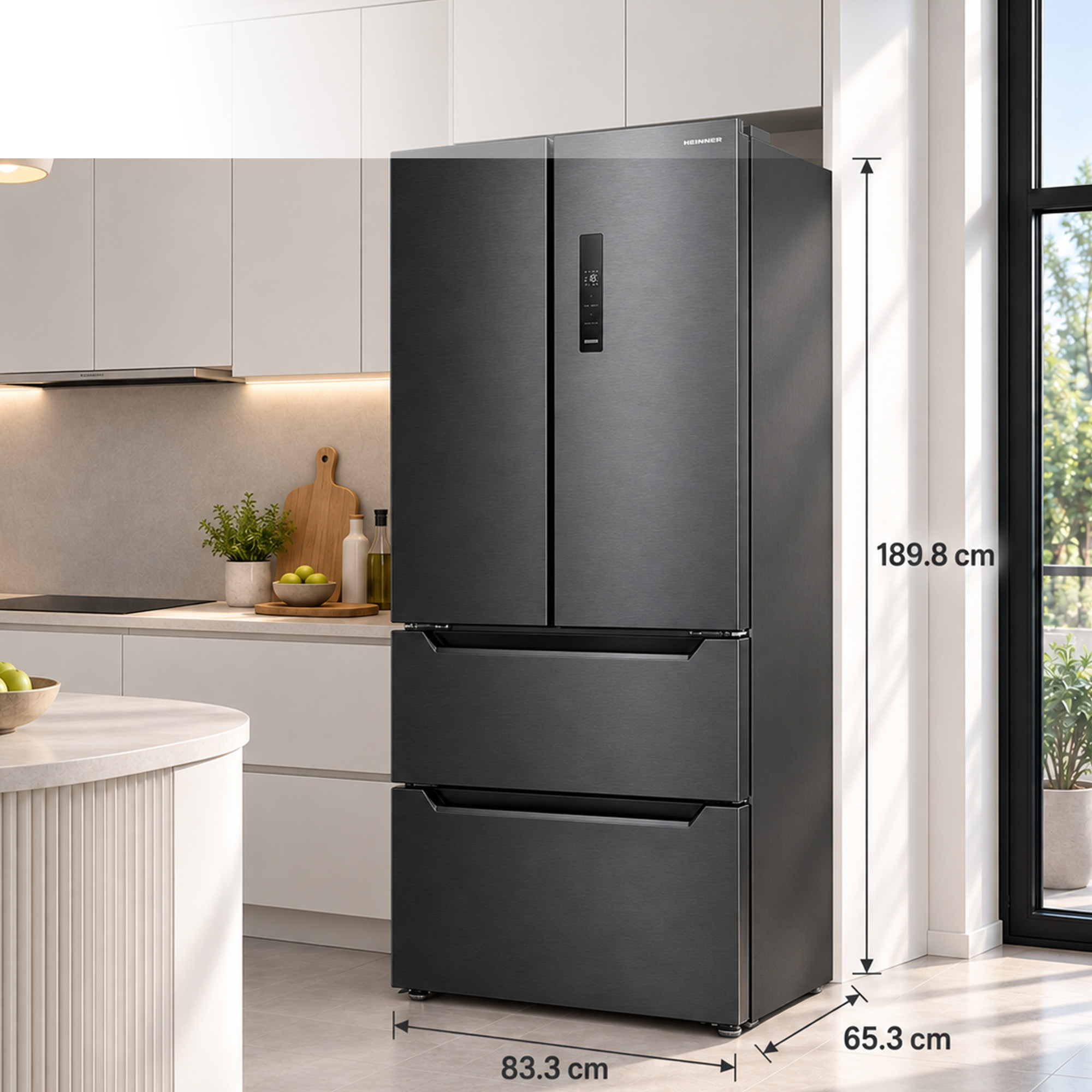Dark grey Heinner four-door refrigerator in a modern kitchen with height and width dimensions.