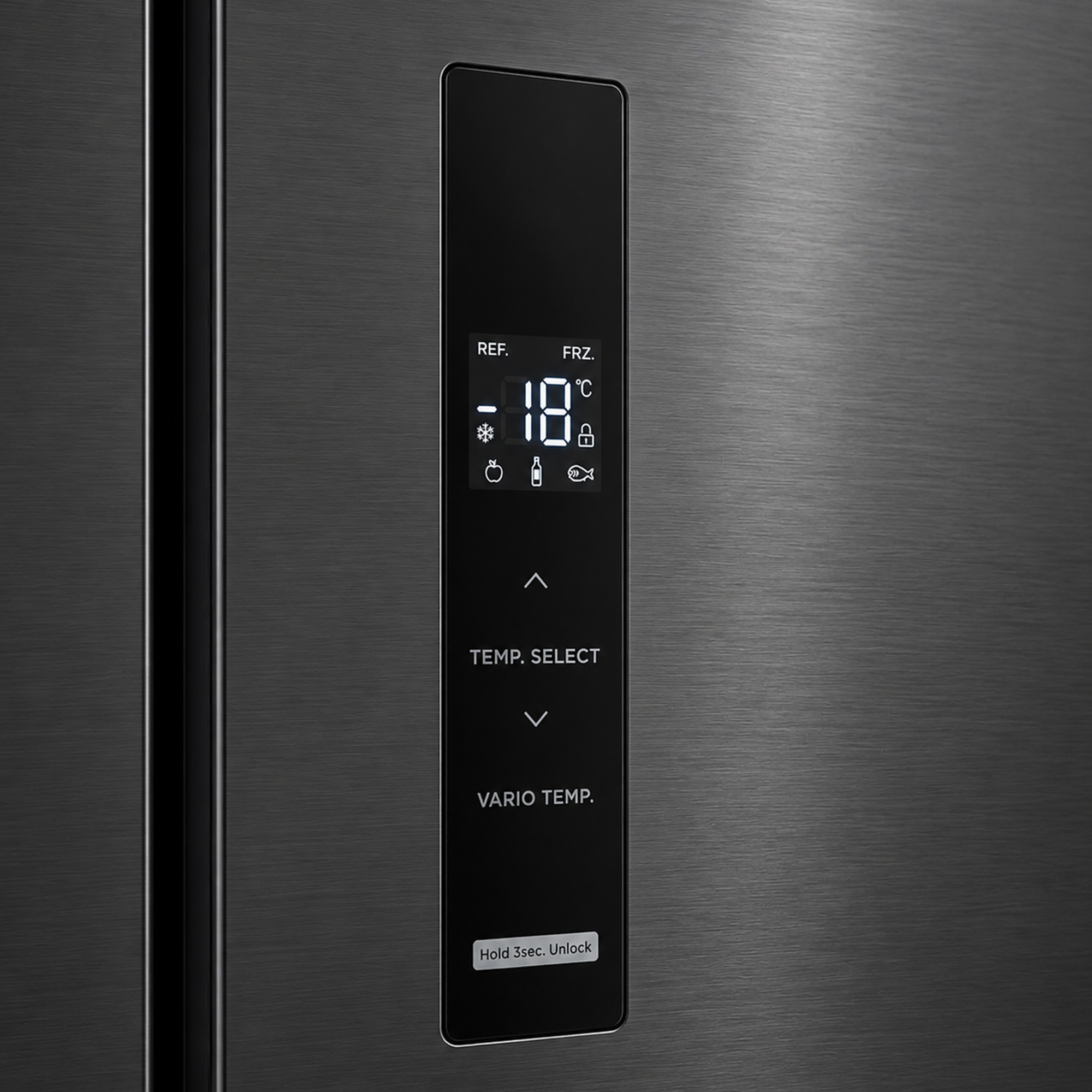 A digital touch control panel on a dark gray refrigerator door with a brushed stainless steel texture.