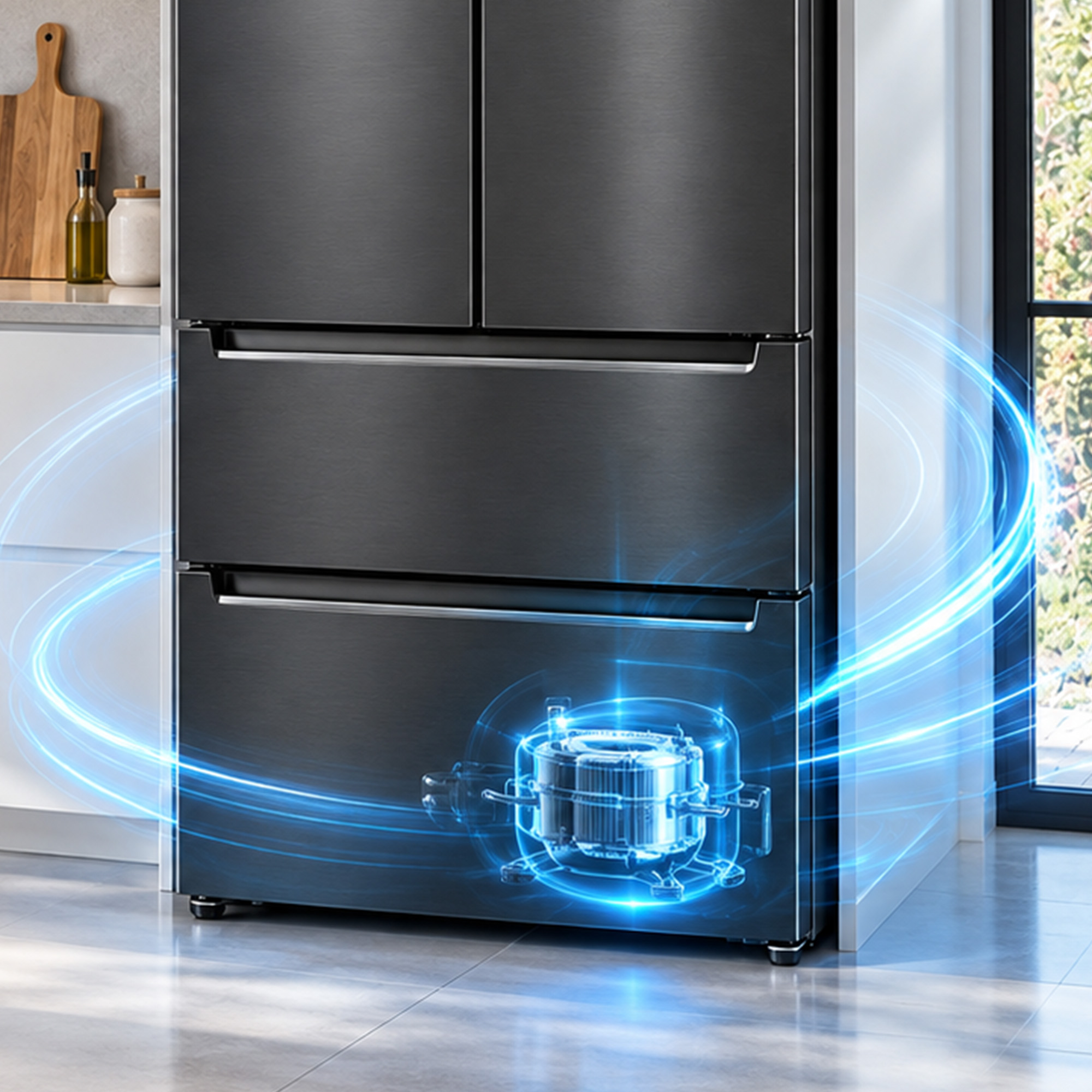 A dark stainless steel refrigerator with blue light lines showing the compressor below.
