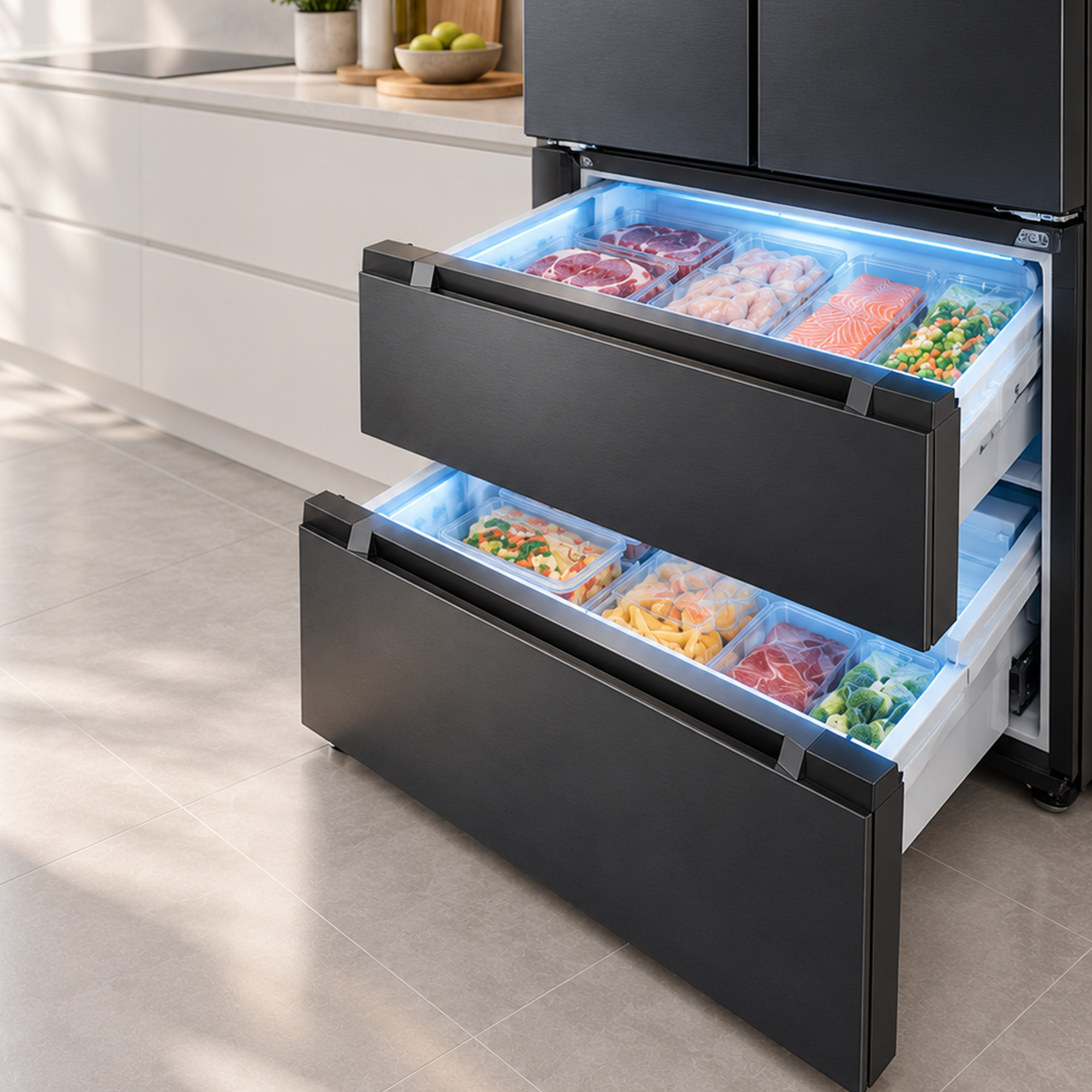 A black refrigerator with open, lit drawers filled with meat, fish, and vegetables in a bright kitchen.