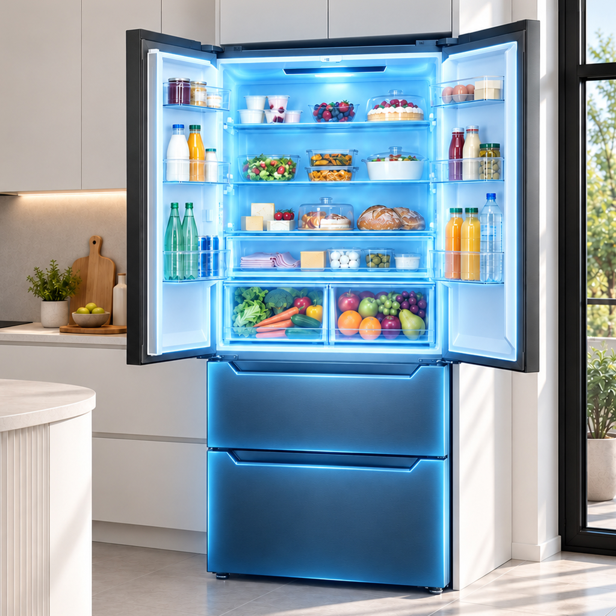 An open, blue-lit refrigerator filled with fresh fruits, vegetables, and drinks inside a modern kitchen.