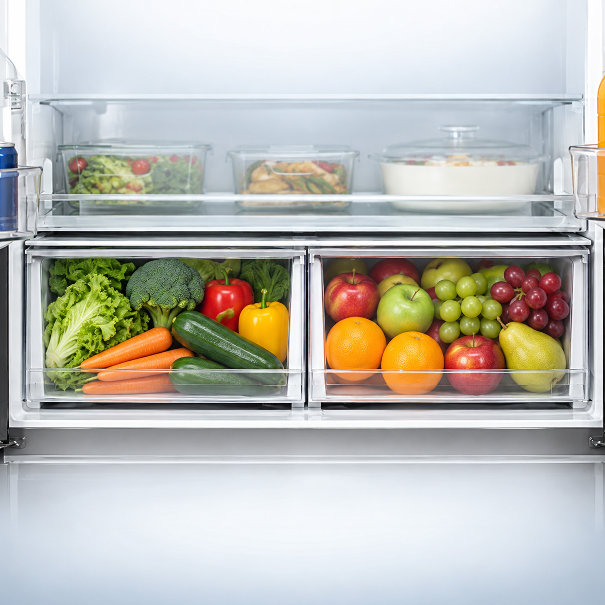 A clean refrigerator filled with fresh vegetables, salad, and fruit in the lower drawers.