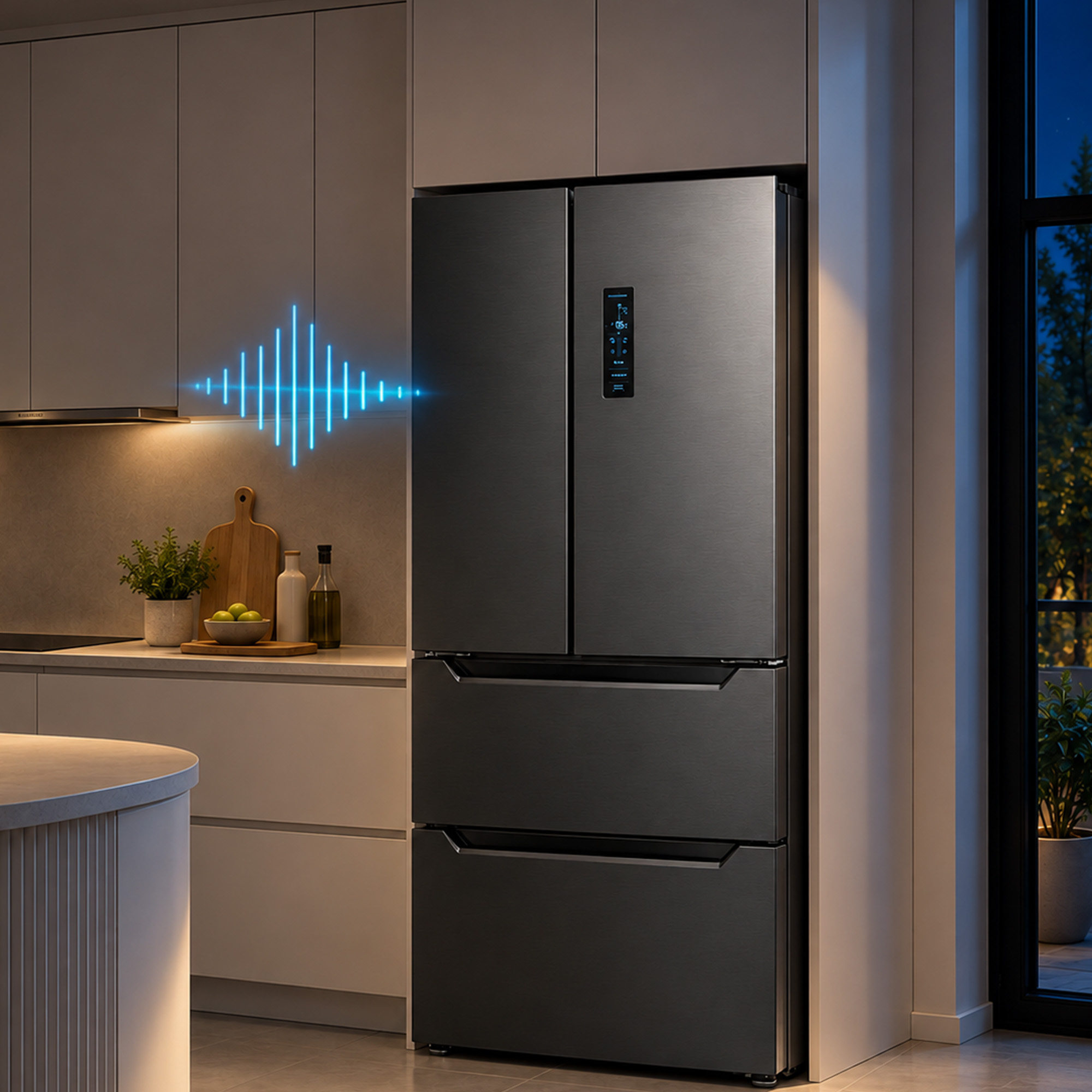 A modern grey refrigerator in a contemporary kitchen with a glowing blue voice assistant wave graphic on the wall.