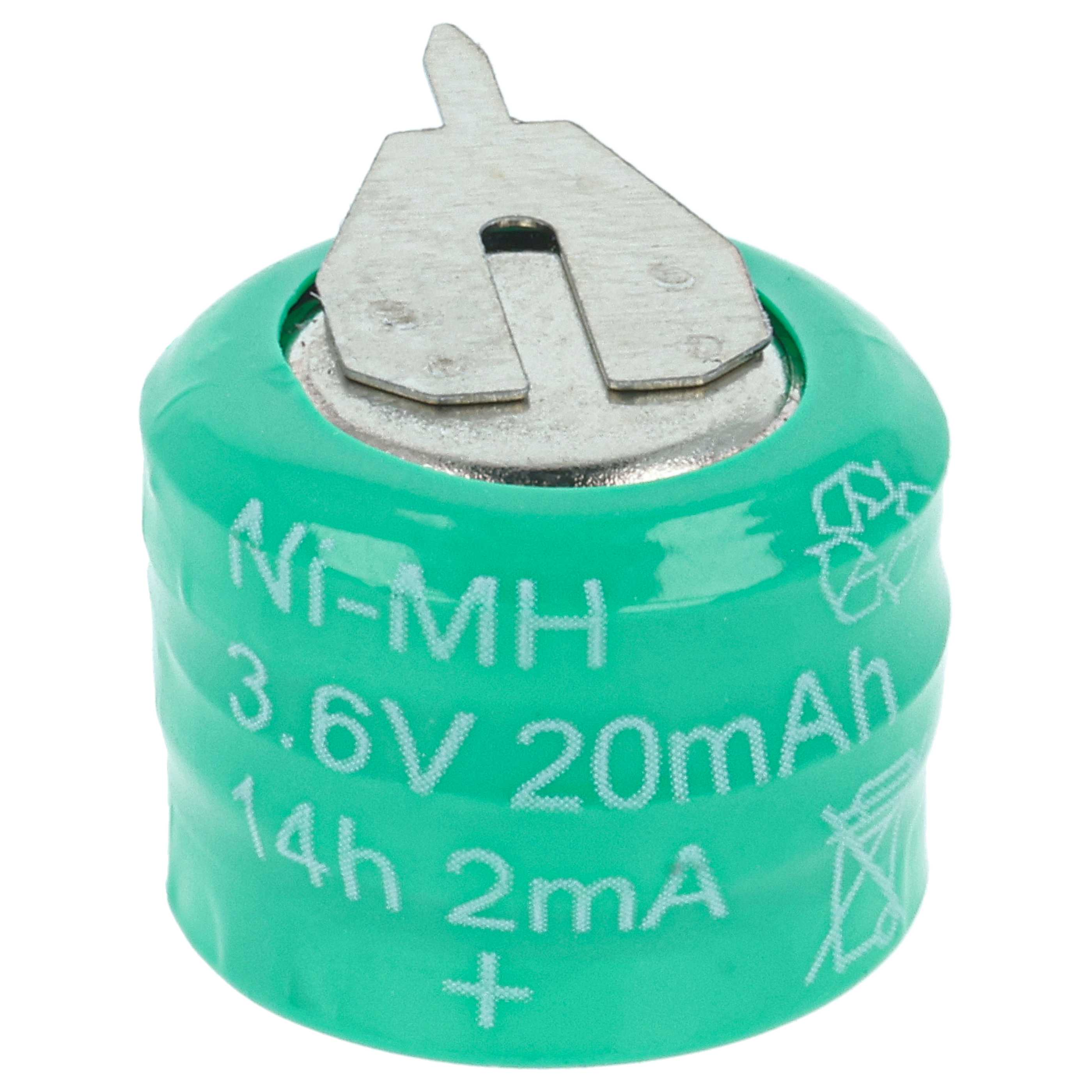 Eine grüne Ni-MH 3.6V 20mAh Knopfzelle mit Metall-Anschlussfahnen oben, freigestellt auf weißem Hintergrund.