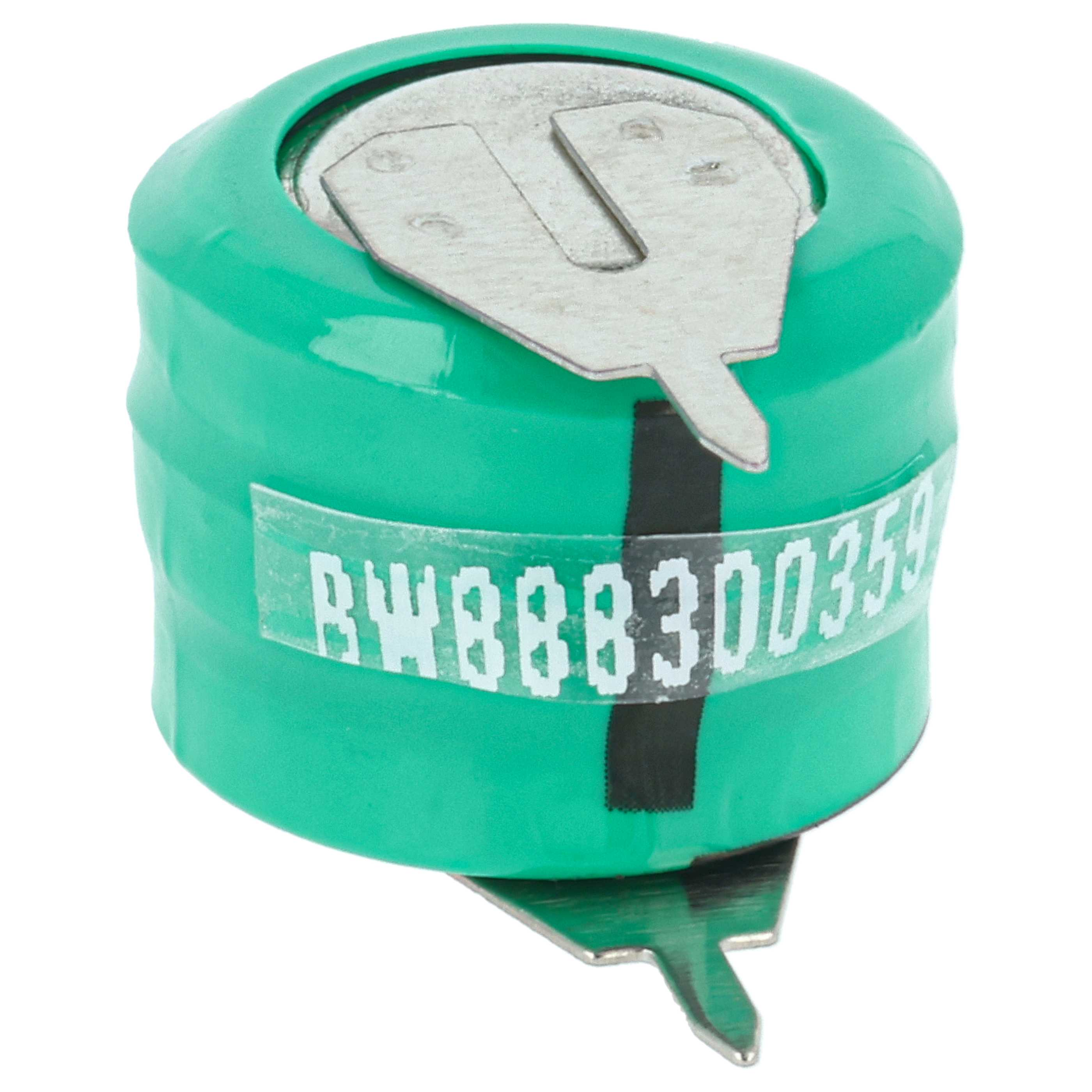 Gruene zylindrische Batterie mit Metalllaschen und weisser Seriennummer auf der Seite.