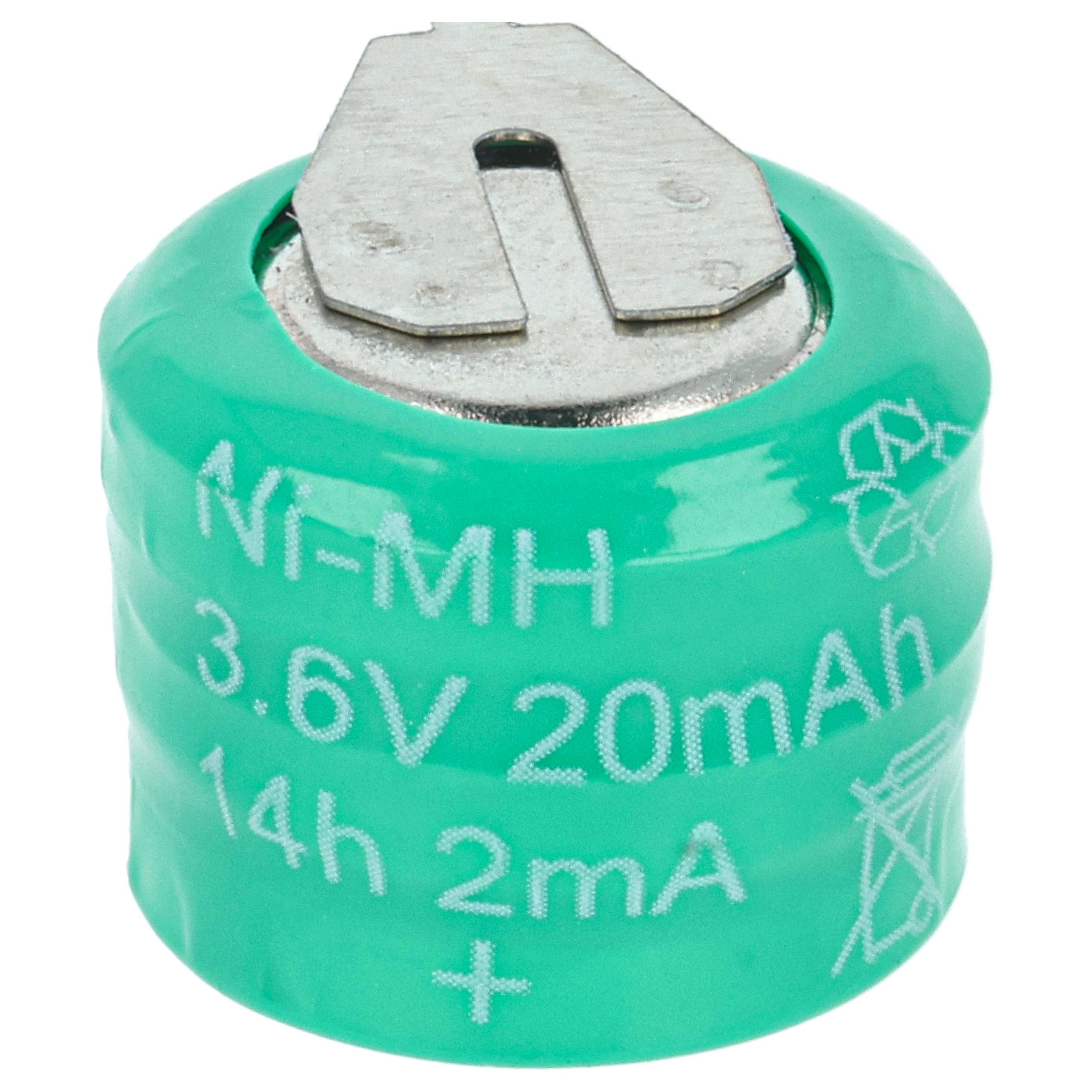 Gruene Ni-MH Knopfzelle mit 3.6V und 20mAh, mit Metallkontakt oben und weissen Aufschriften.
