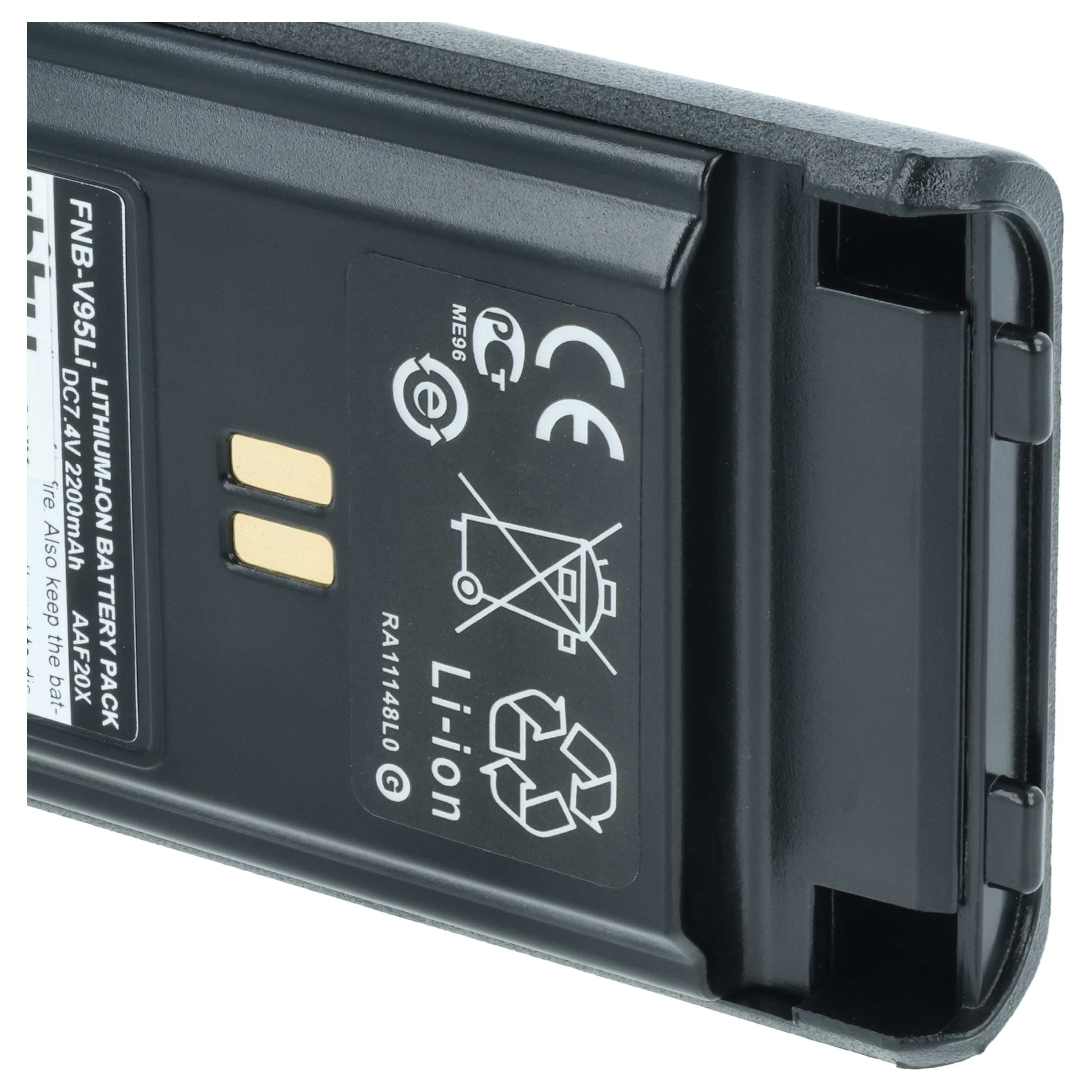 Schwarzer Lithium-Ionen-Akku mit gelben Kontakten und verschiedenen Symbolen sowie Aufschriften auf der Rückseite.