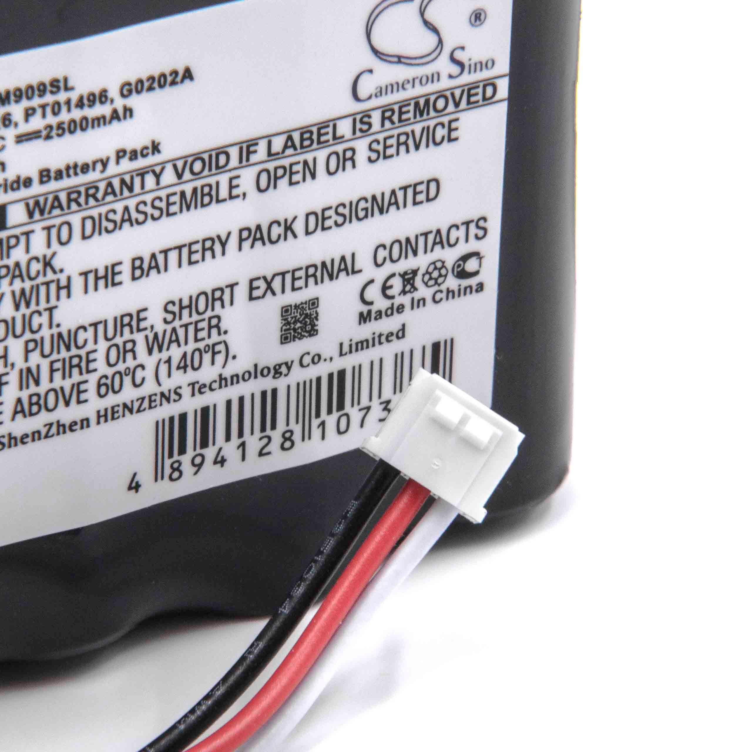 Akku-Label mit Sicherheitshinweisen und angeschlossenem Kabel mit weißem Stecker.