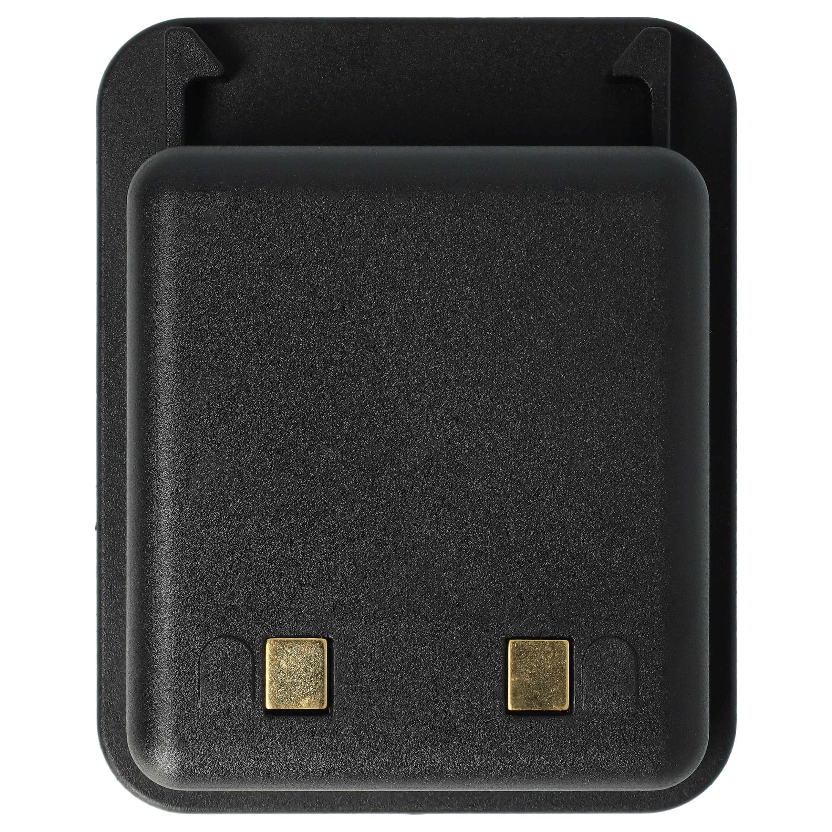 Ein schwarzes Plastikgerät mit zwei goldenen Kontakten an der Vorderseite.