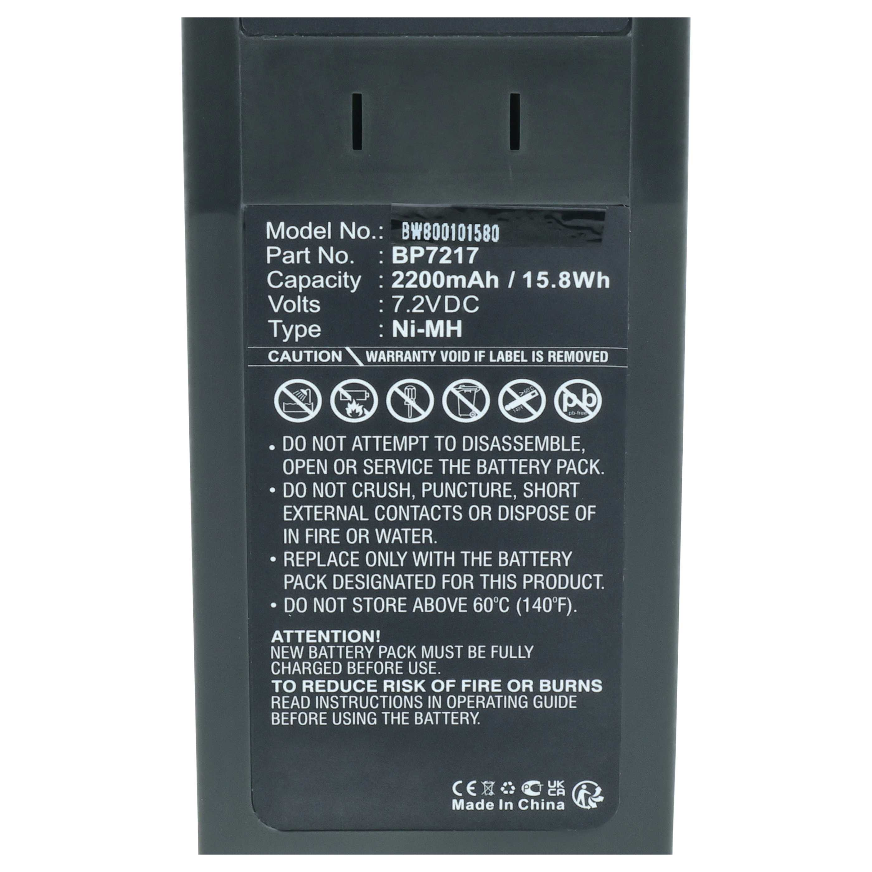 Etikett auf einem Akku mit Modelnummer, Kapazität, Spannung, Sicherheitssymbolen und Warnhinweisen.