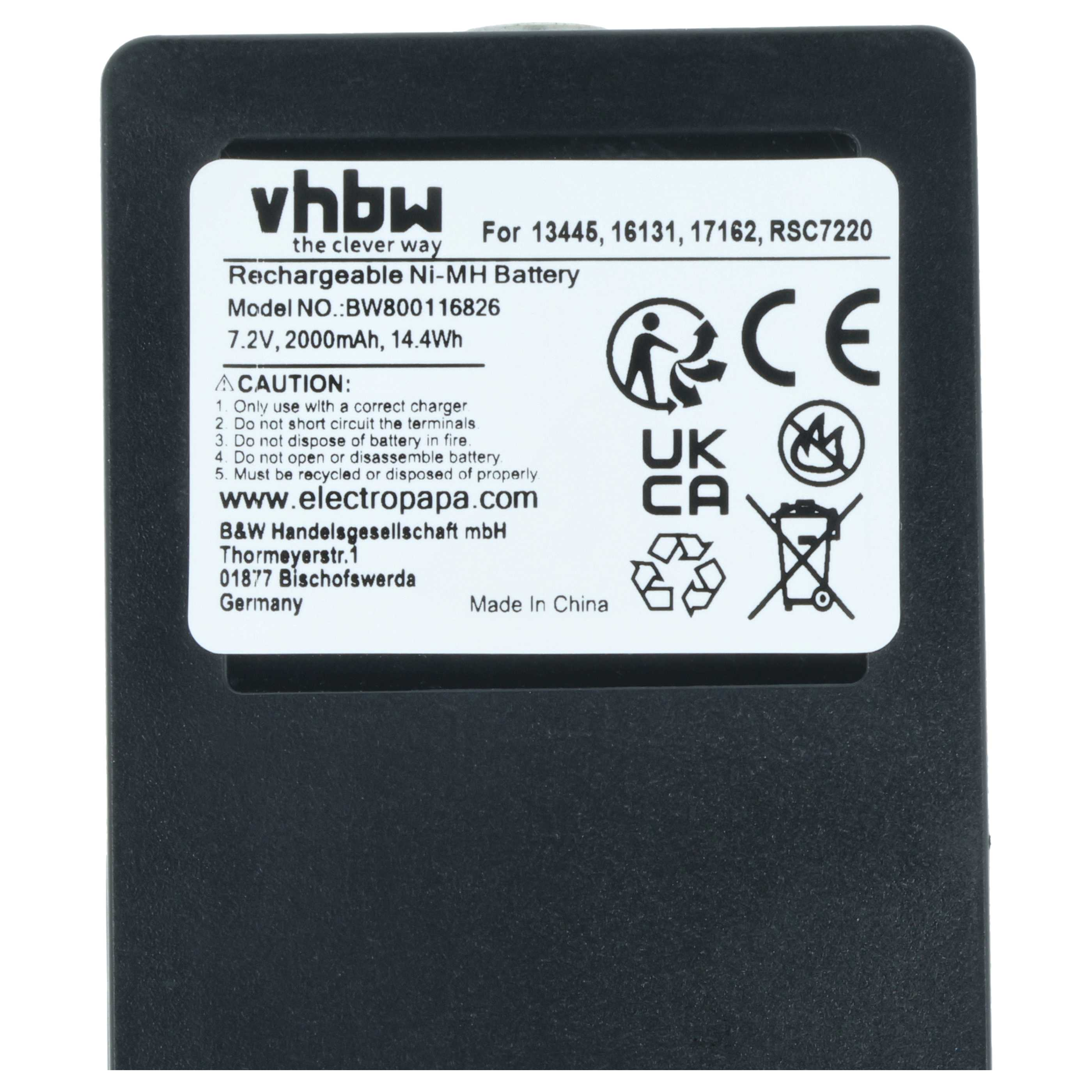 Schwarze Batterie mit weißem Etikett, Markenname vhbw und Warnhinweisen.