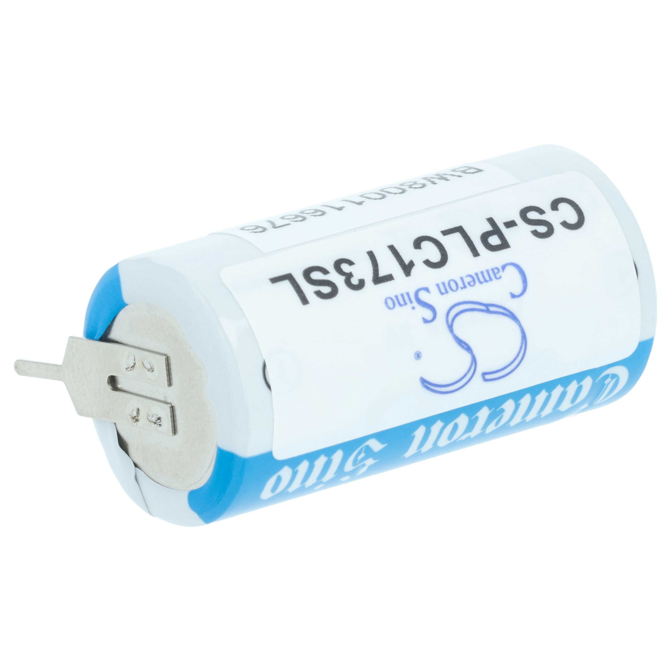Eine zylindrische Cameron Sino Batterie mit Metallkontaktklemmen auf weißem Hintergrund.