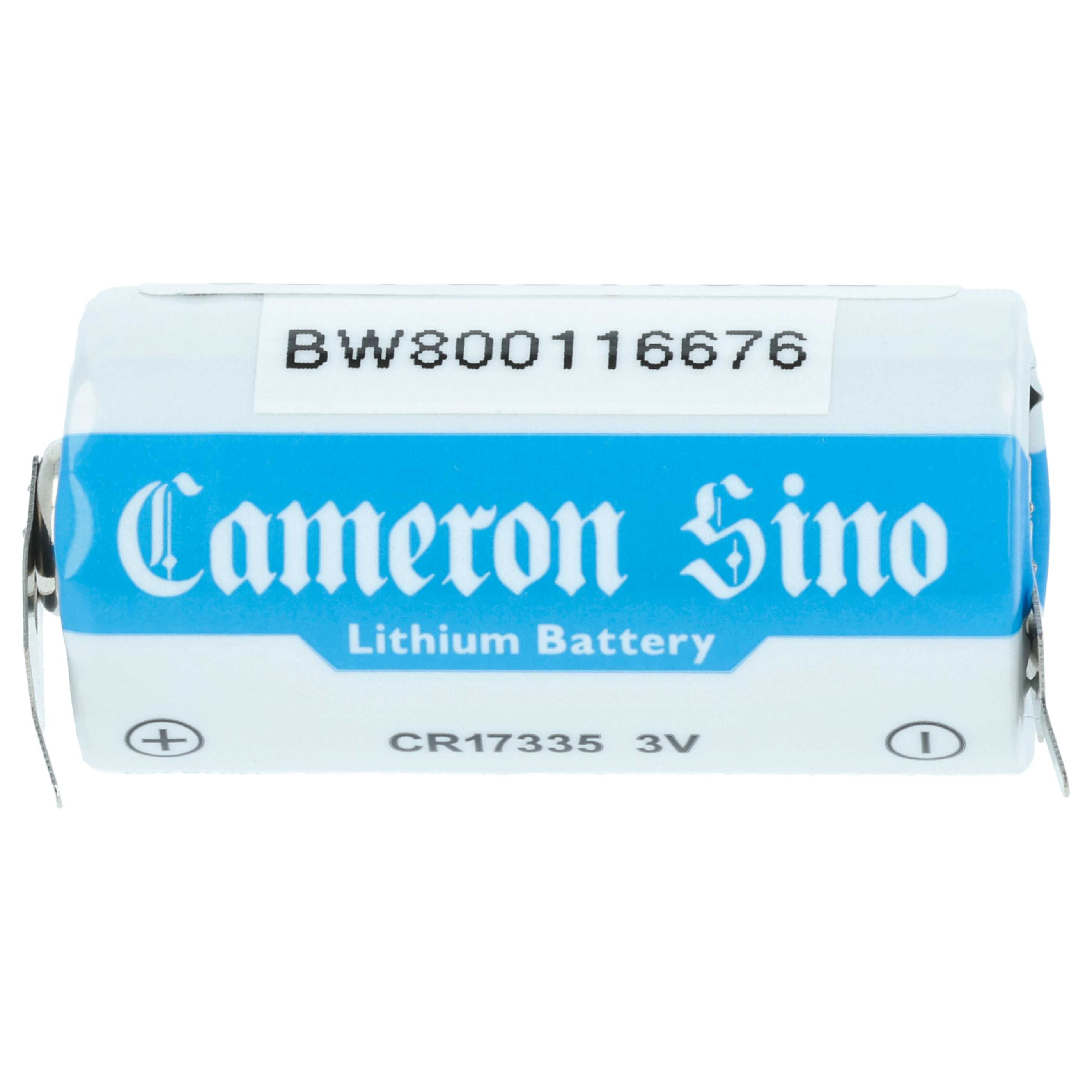 Eine weiß-blaue Cameron Sino CR17335 3V Lithium-Batterie mit Metallkontakten und einem Strichcode.