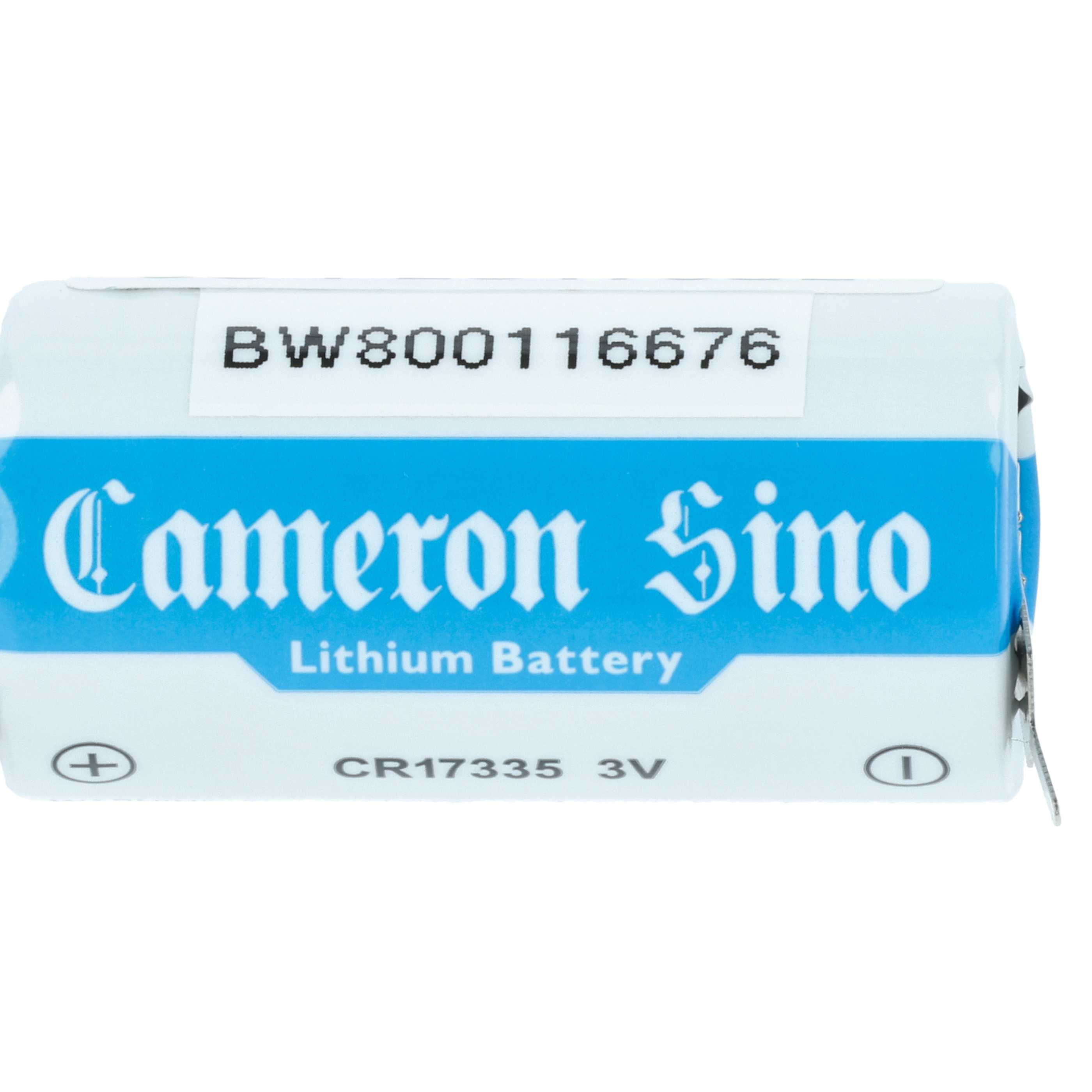 Cameron Sino Lithium Batterie CR17335 3V mit weißem Gehäuse und blauem Band.
