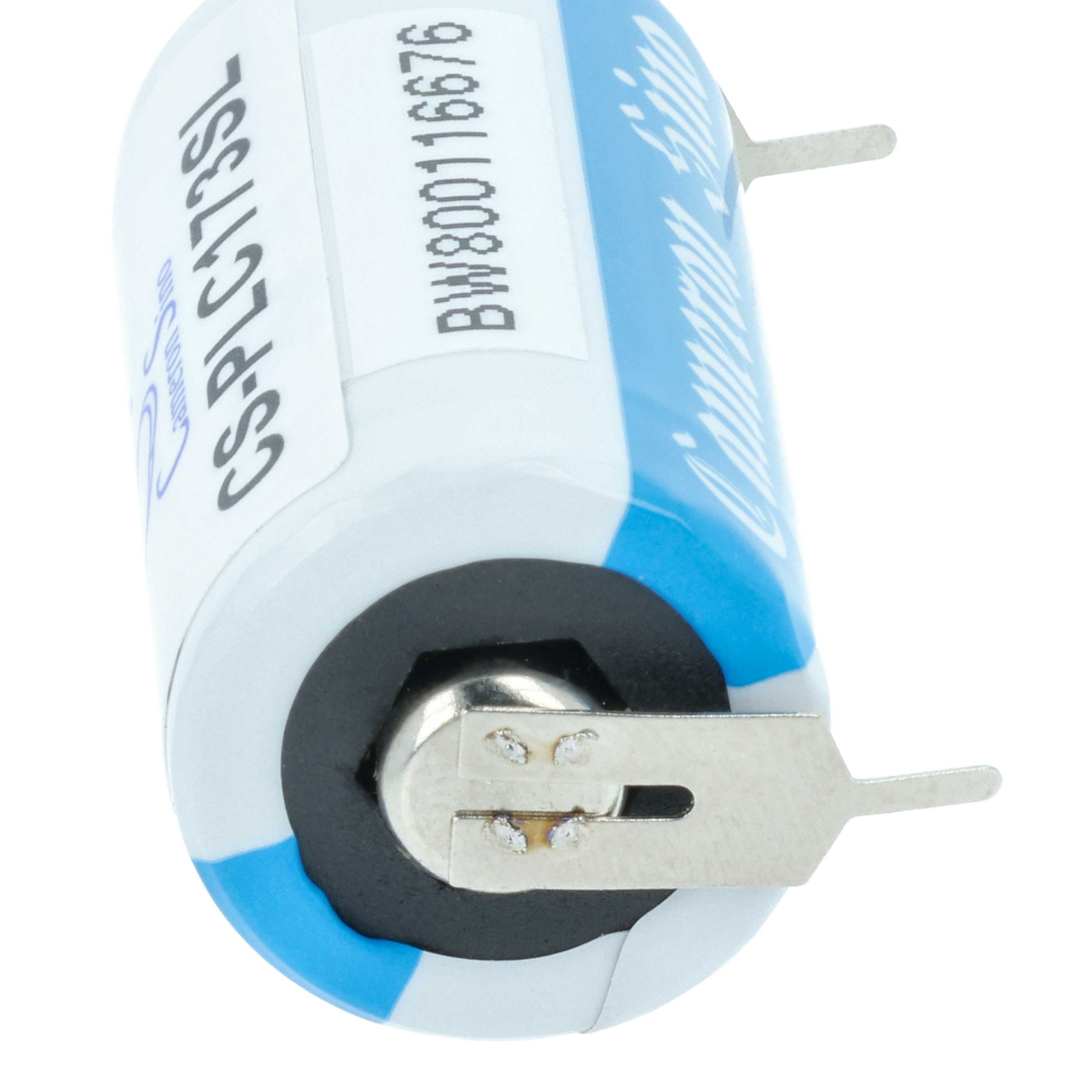 Blaue und weiße zylindrische Batterie mit Metallkontakten und aufgedruckten Nummern.