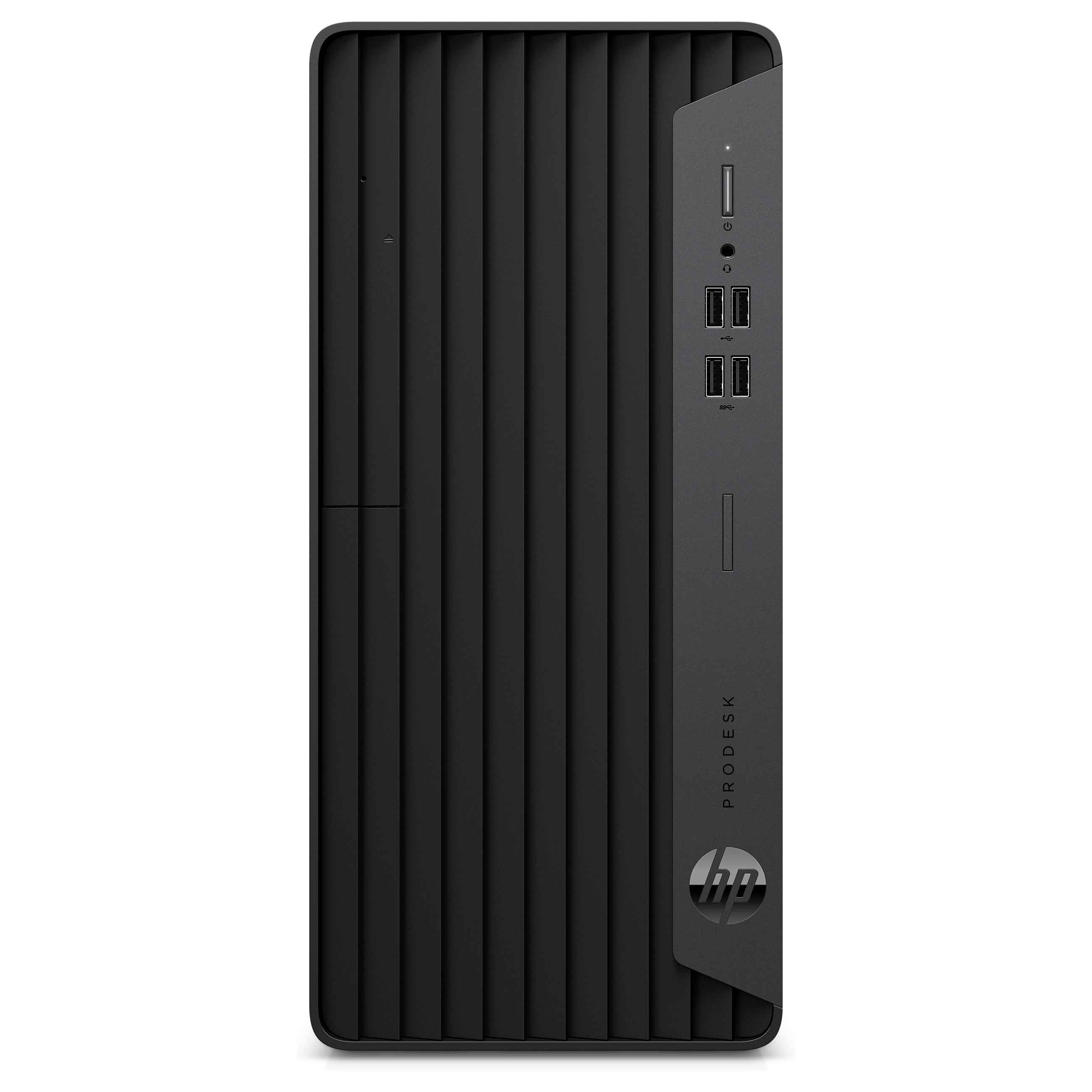 Schwarzer HP ProDesk Desktop-PC im vertikalen Format mit Frontanschlüssen und HP-Logo.