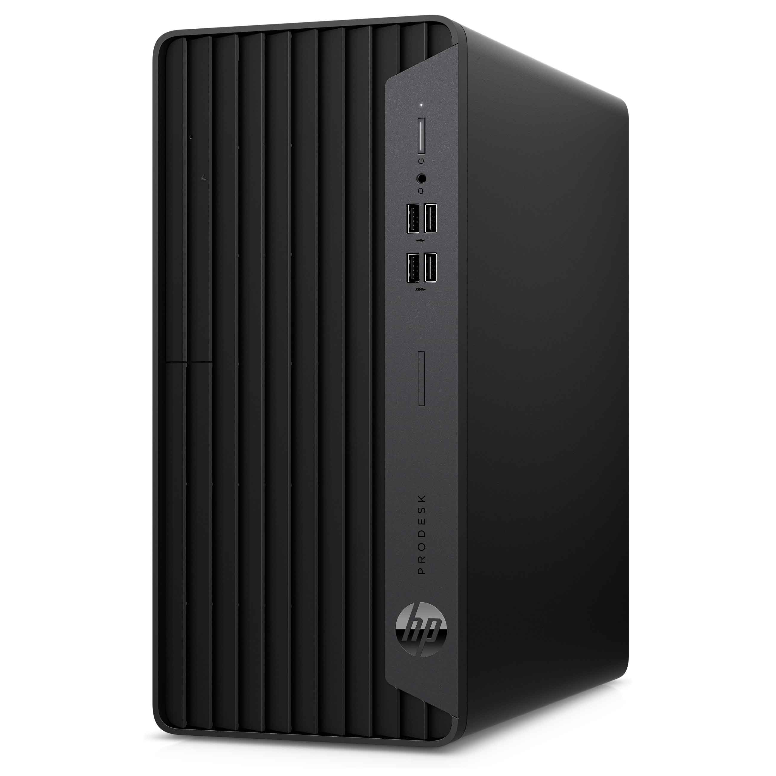 Ein schwarzer HP ProDesk Desktop-PC steht auf einer weißen Oberfläche mit vertikalen Lamellen an der Vorderseite.