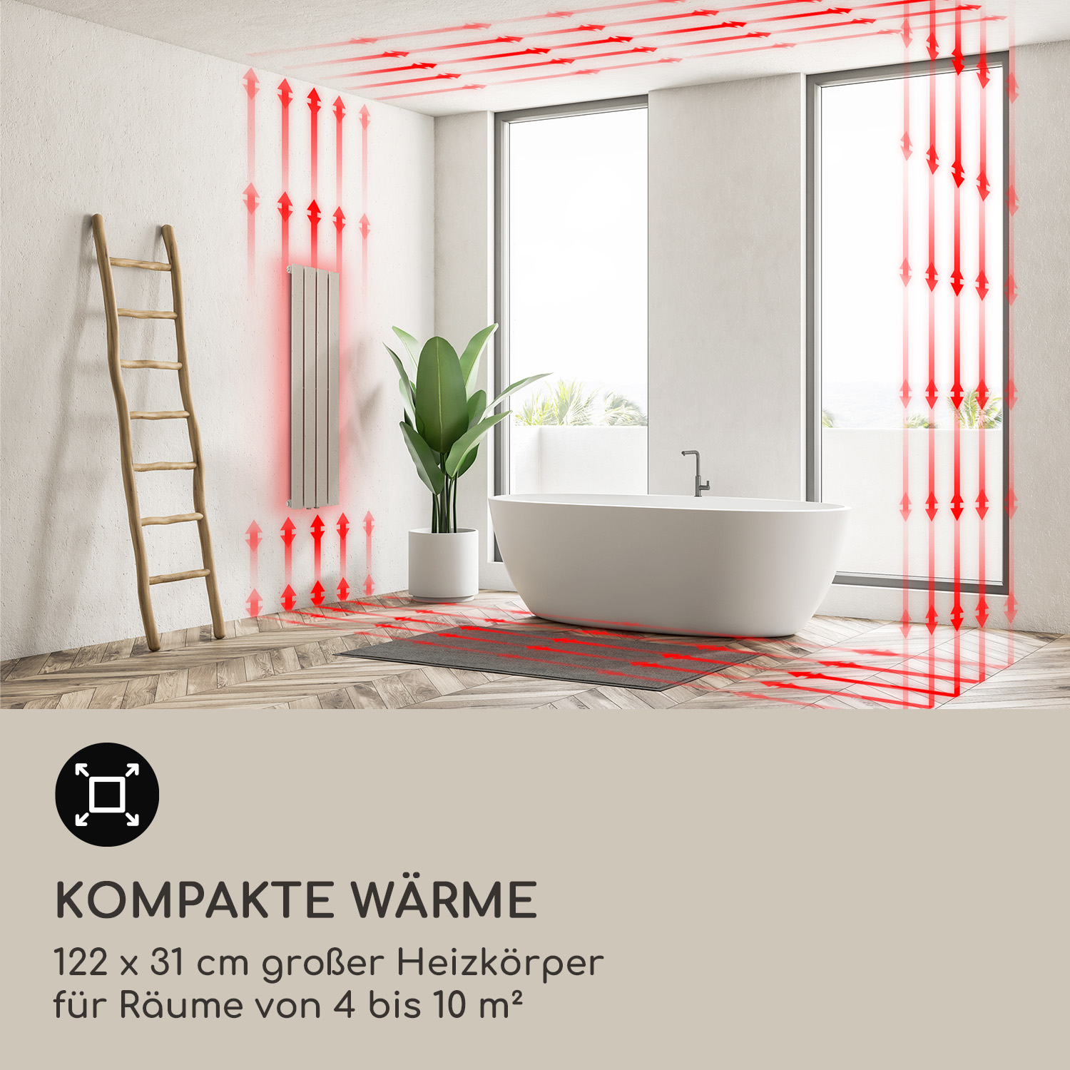 Badezimmer mit weißer Wanne, Heizkörper an der Wand mit roten Wärmepfeilen, Pflanze und Holzleiter.