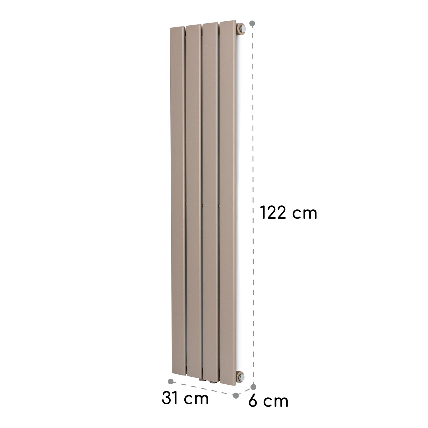 Beige vertikaler Paneelheizkörper mit Bemaßung von 122x31x6 cm auf weißem Hintergrund.
