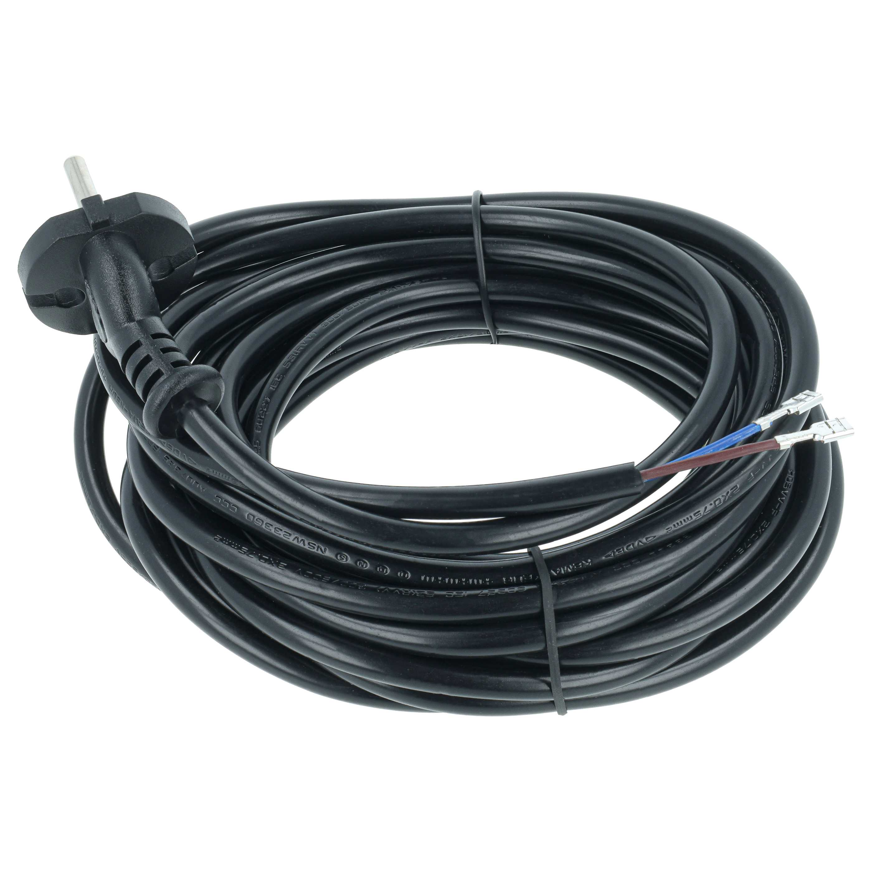 Ein aufgerolltes schwarzes Netzkabel mit Stecker und abisolierten Enden auf weißem Hintergrund.