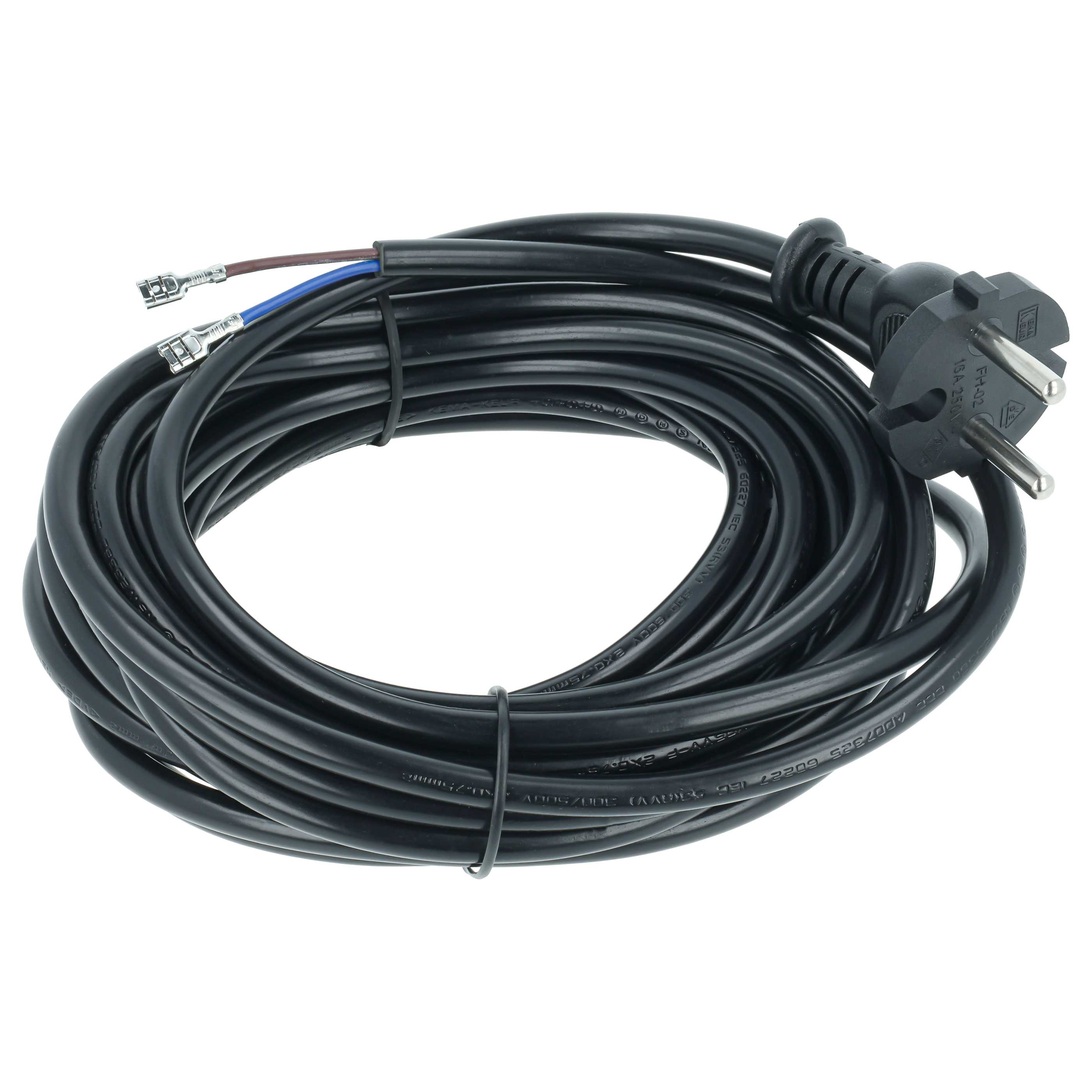 Aufgerolltes schwarzes Stromkabel mit Stecker und bloßen Enden.