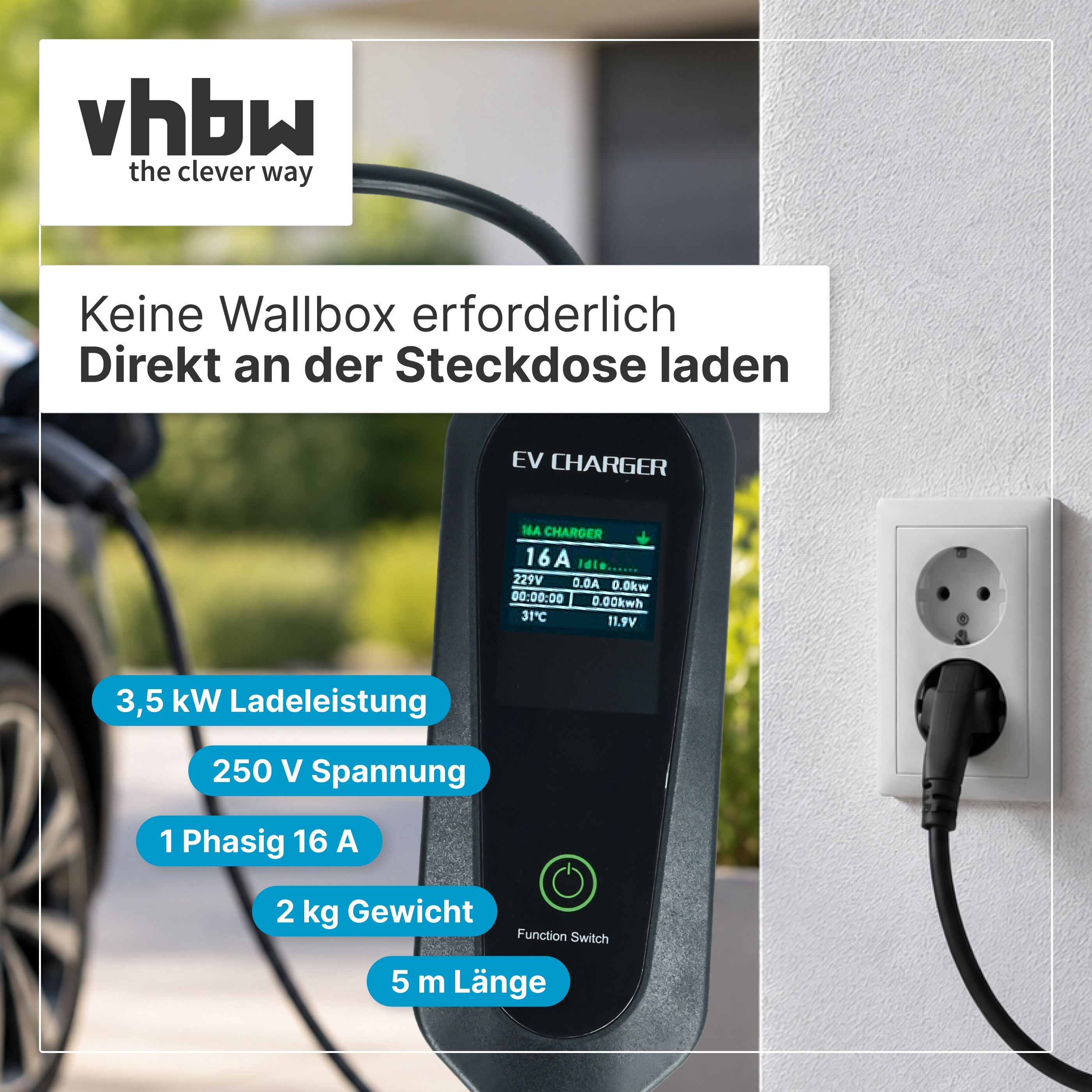 EV-Ladegerät verbunden mit einer Wandsteckdose, mit technischen Daten und Vhbw-Logo.