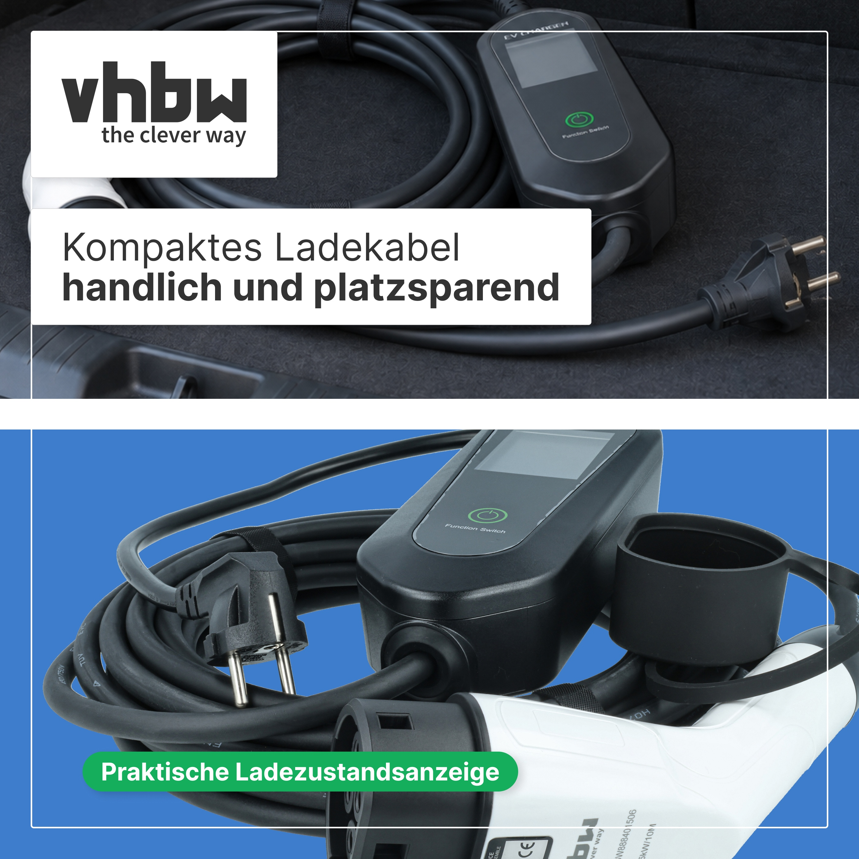 Kompaktes EV-Ladekabel mit Display und Stecker in einem Auto.