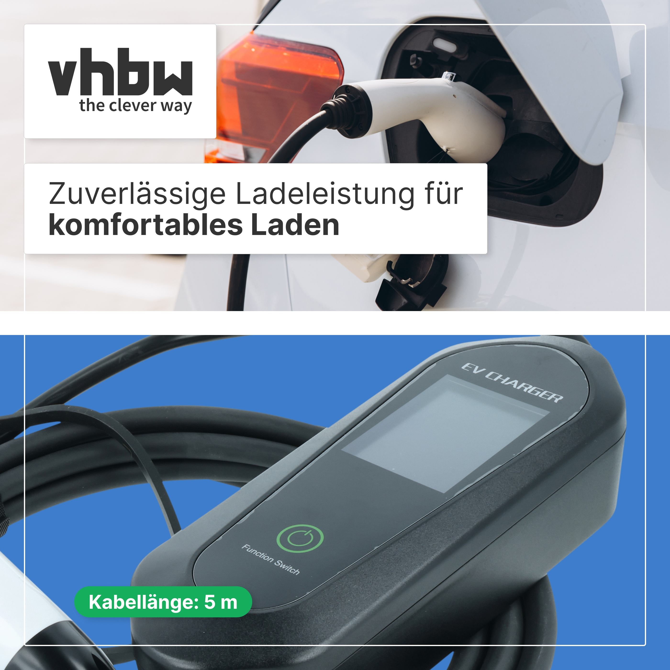 Ein weißes E-Auto wird an einer Ladestation aufgeladen, darunter ein schwarzes EV-Ladegerät mit 5m Kabel.