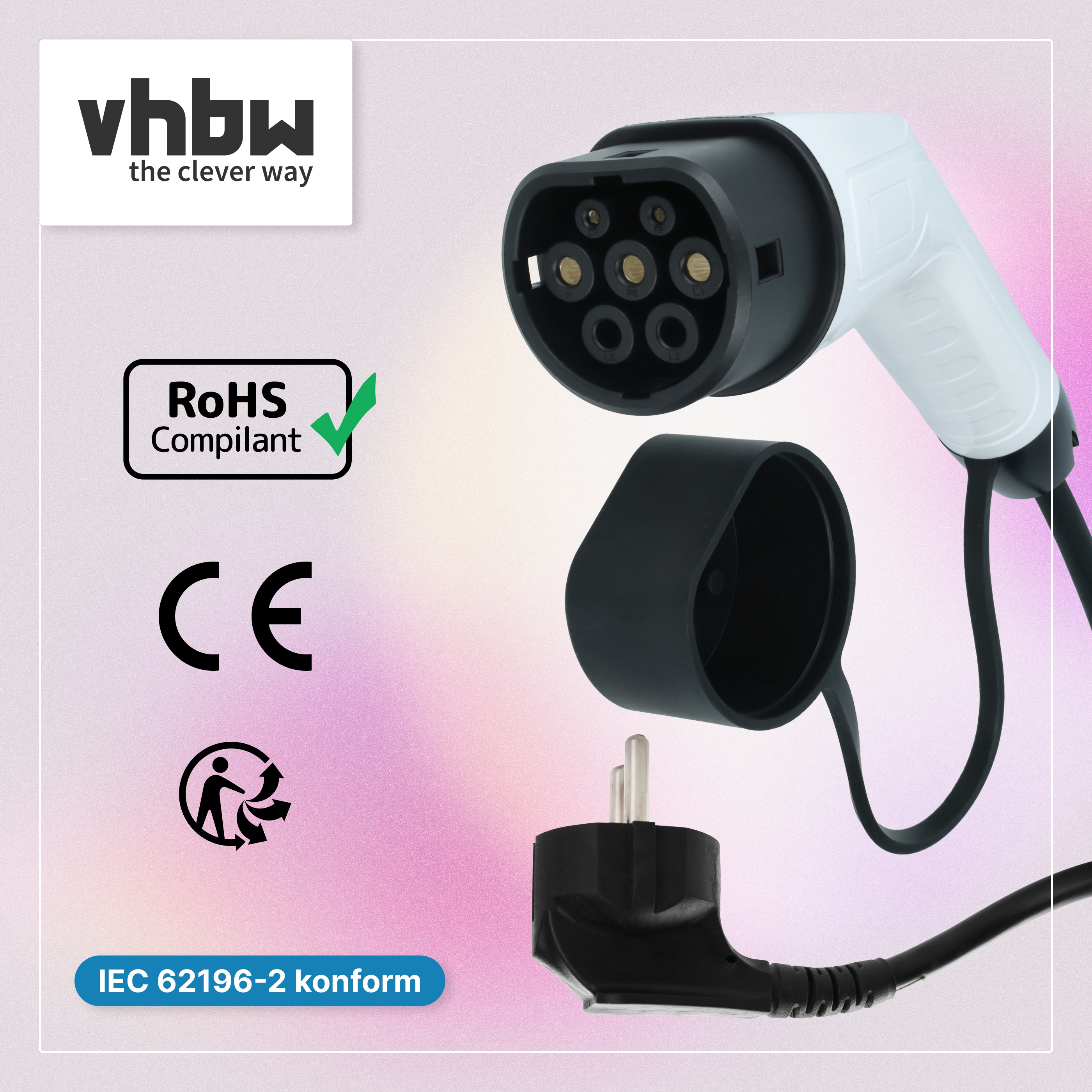 Ein weiß-schwarzes EV-Ladekabel mit Stecker, Schutzkappe und CE- sowie RoHS-Kennzeichnung.