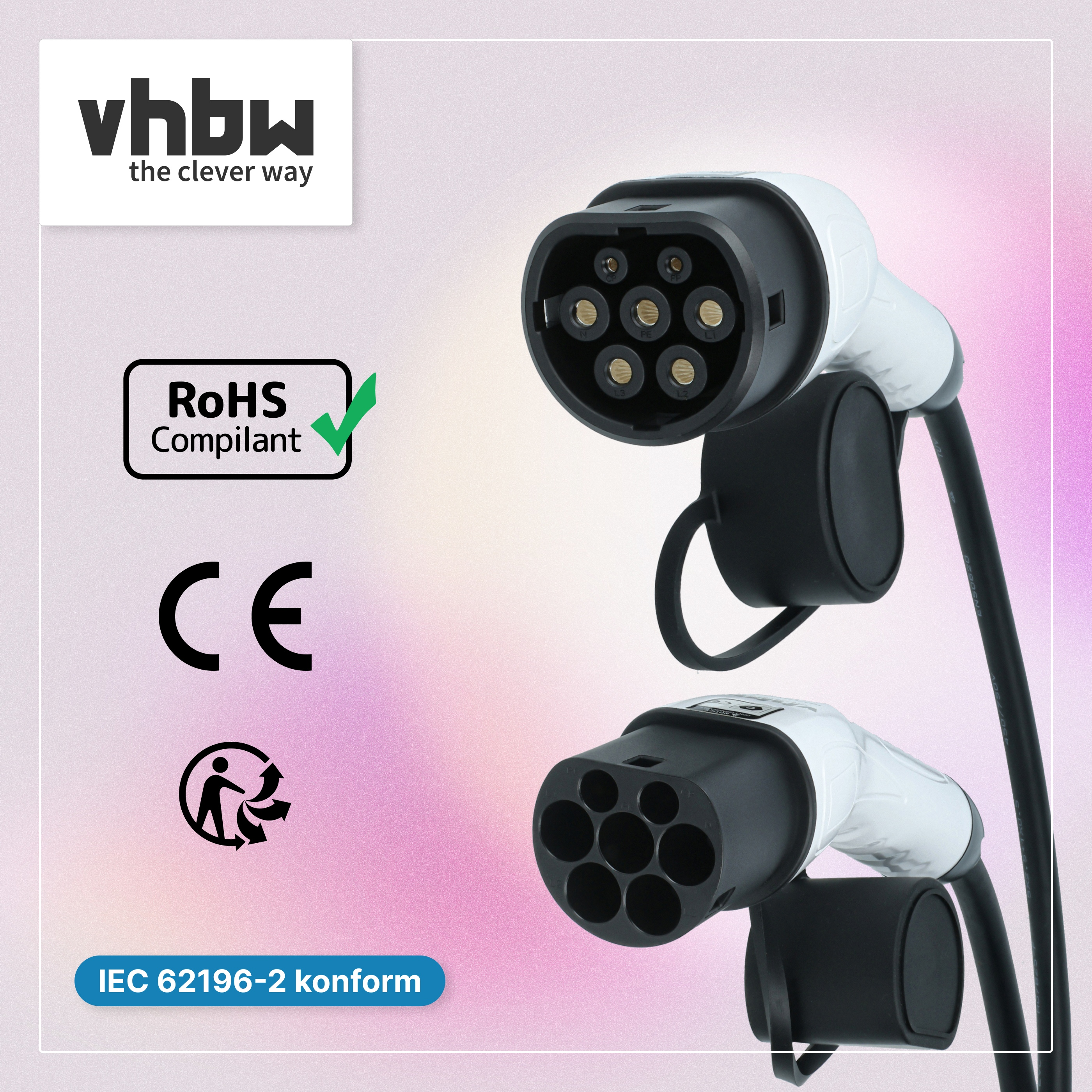 Zwei weiße und schwarze Typ-2-E-Auto-Ladekabelstecker mit RoHS- und CE-Symbolen auf rosafarbenem Hintergrund.