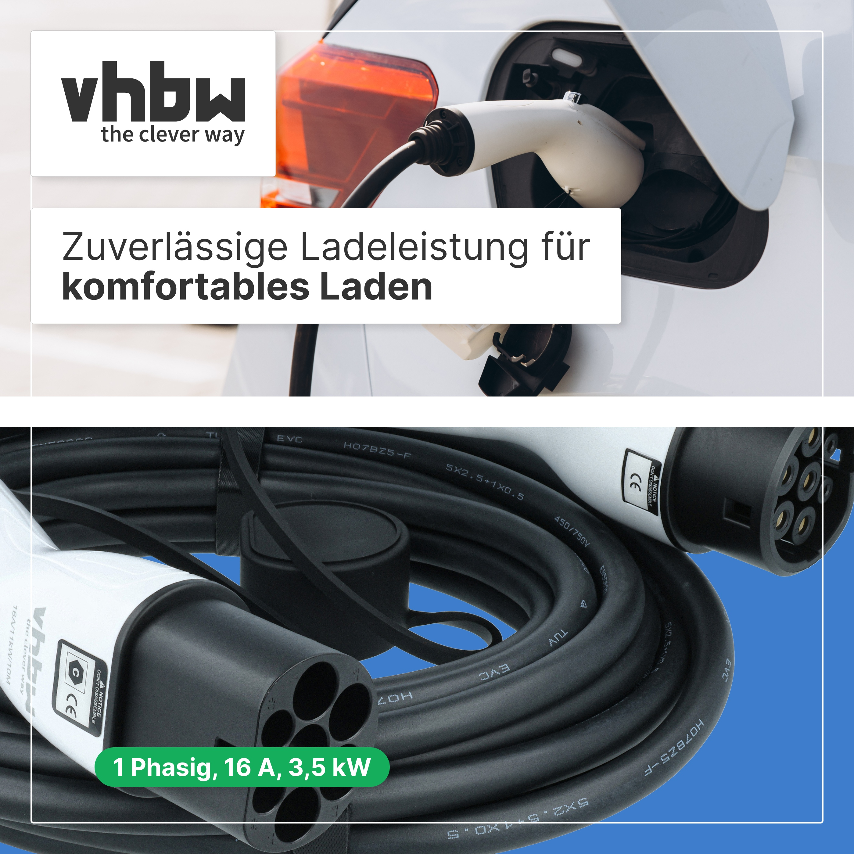 Ein weißes Elektroauto wird geladen, im Vordergrund ist ein schwarzes Ladekabel auf blauem Hintergrund zu sehen.