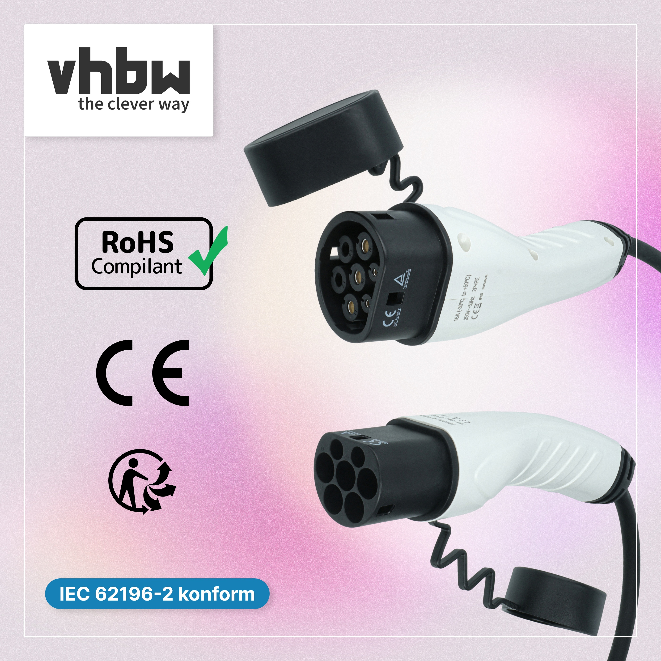 Zwei E-Ladestecker mit Typ-2-Anschlüssen, RoHS-Konformitätszeichen und Text vor rosa Farbverlauf.