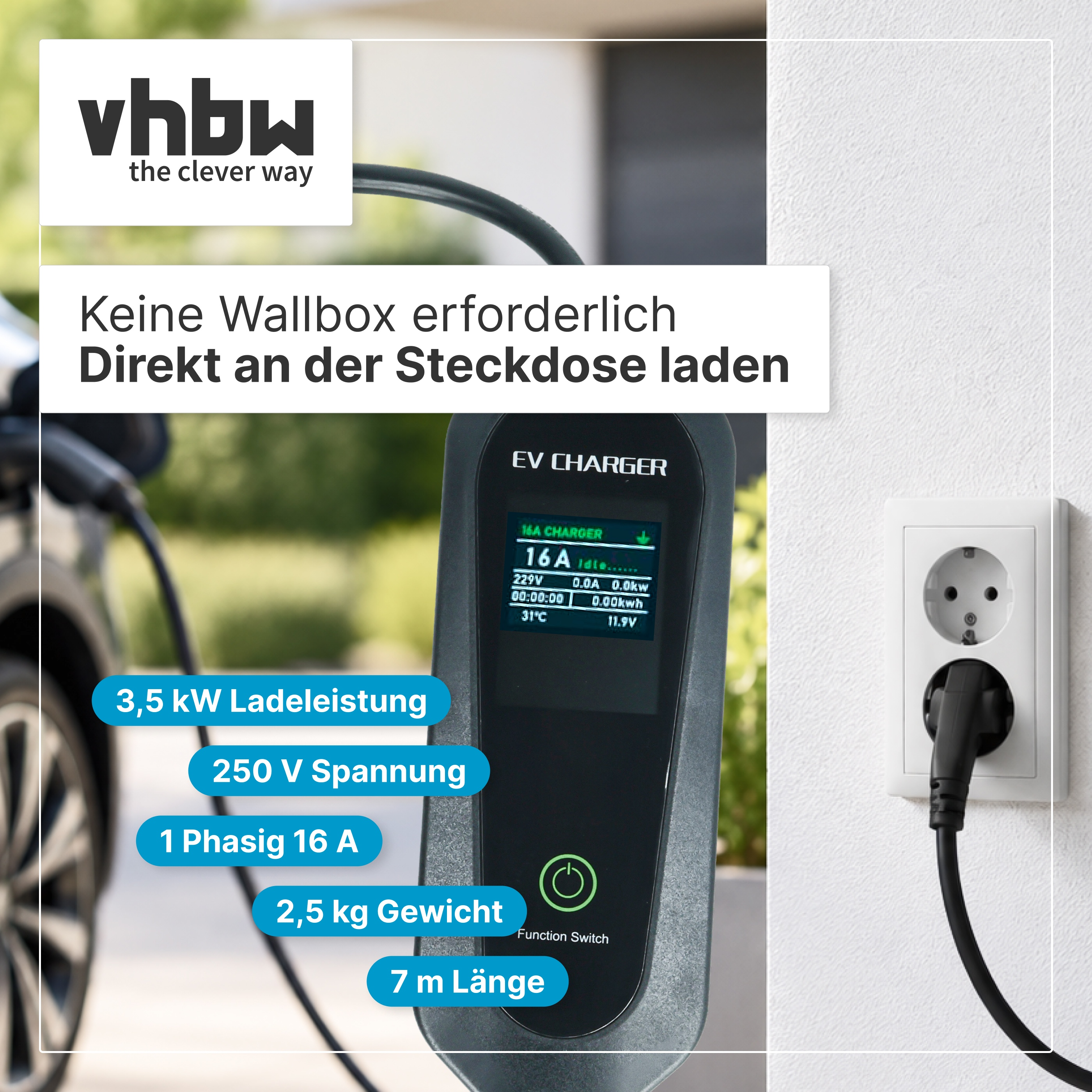 EV-Ladegerät für Steckdosen mit technischen Daten und Vhbw-Logo.