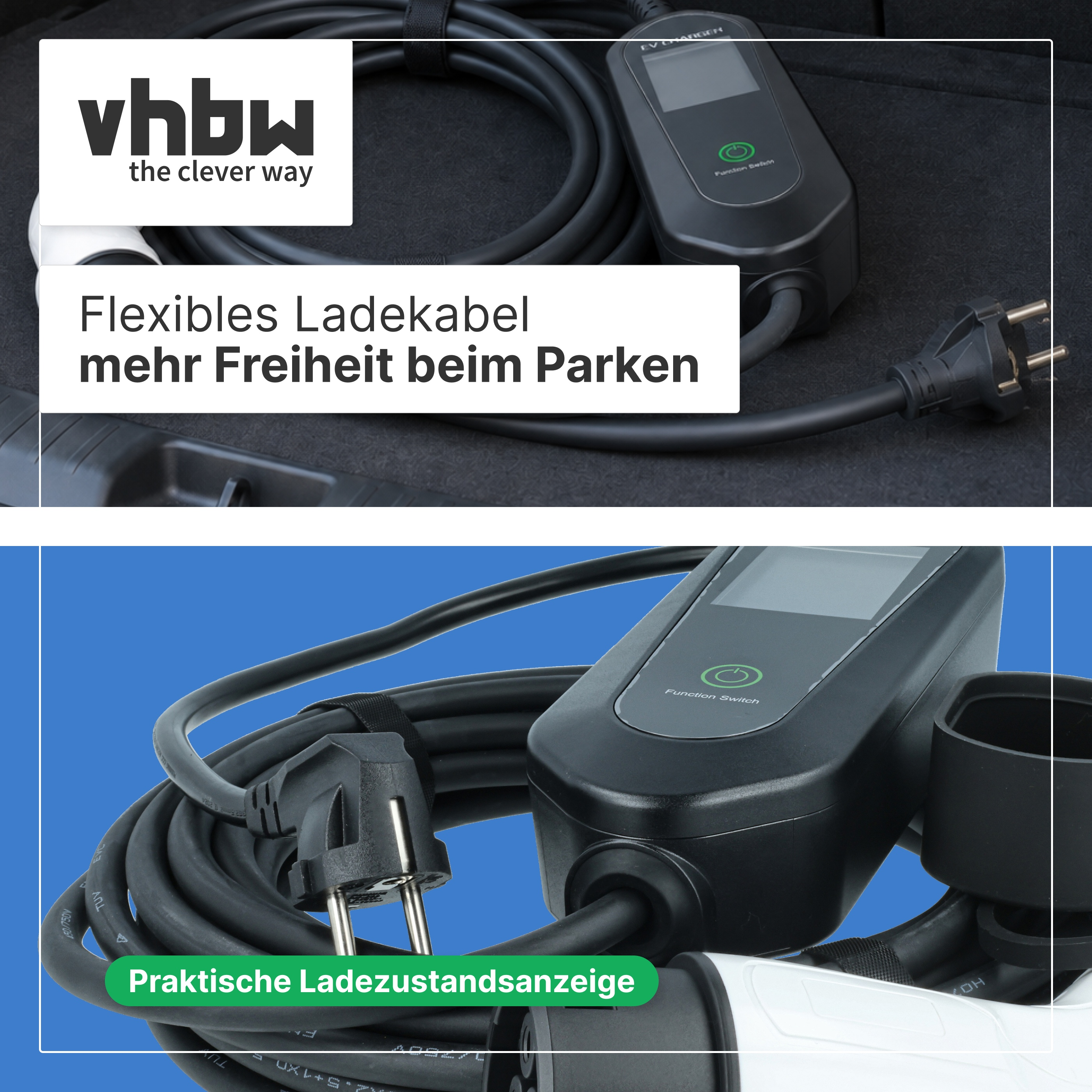 Schwarzes EV-Ladekabel mit Stecker und Display vor blauem und dunklem Hintergrund.
