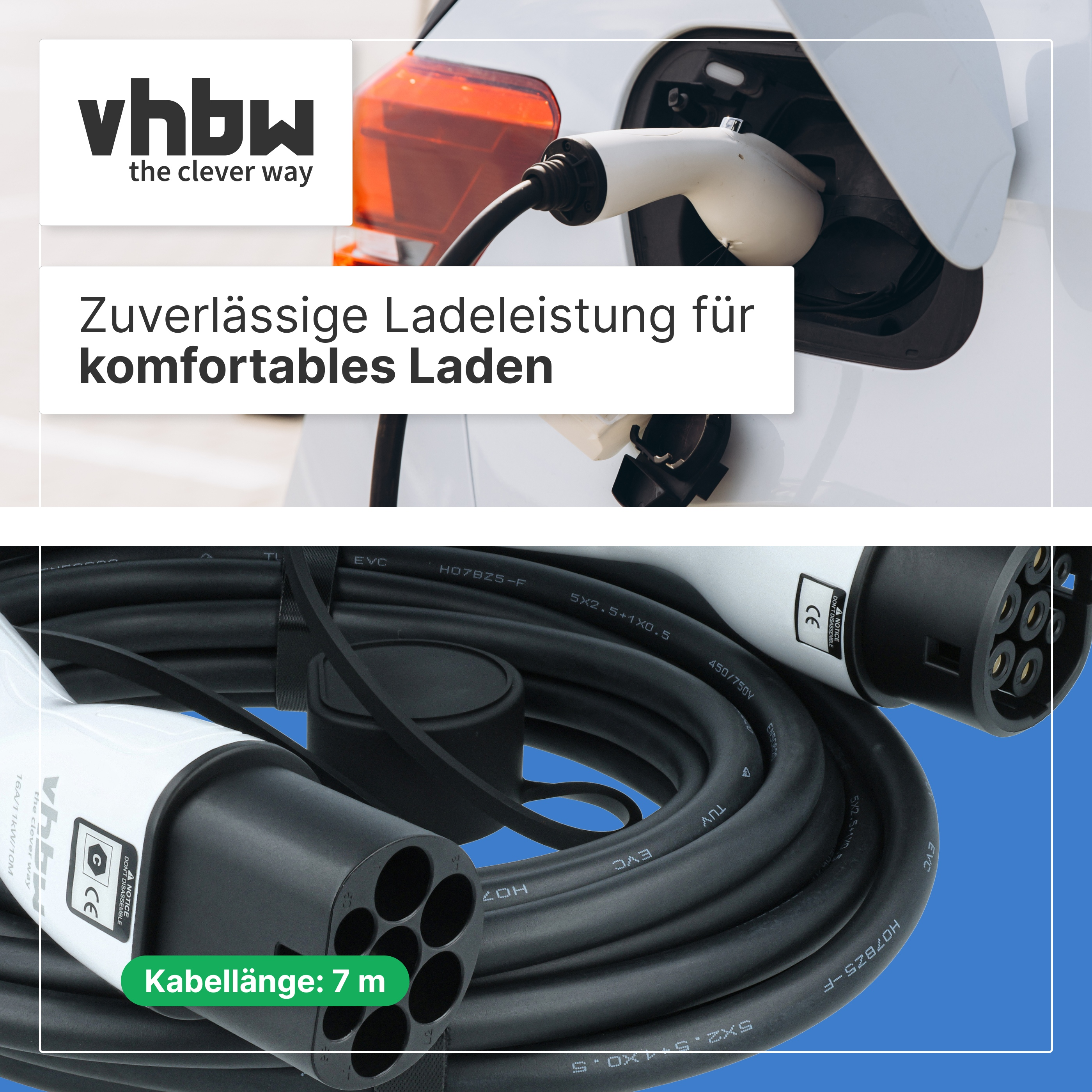 Ein weißes E-Auto wird an einer Ladestation geladen, darunter ein schwarzes 7m Ladekabel.