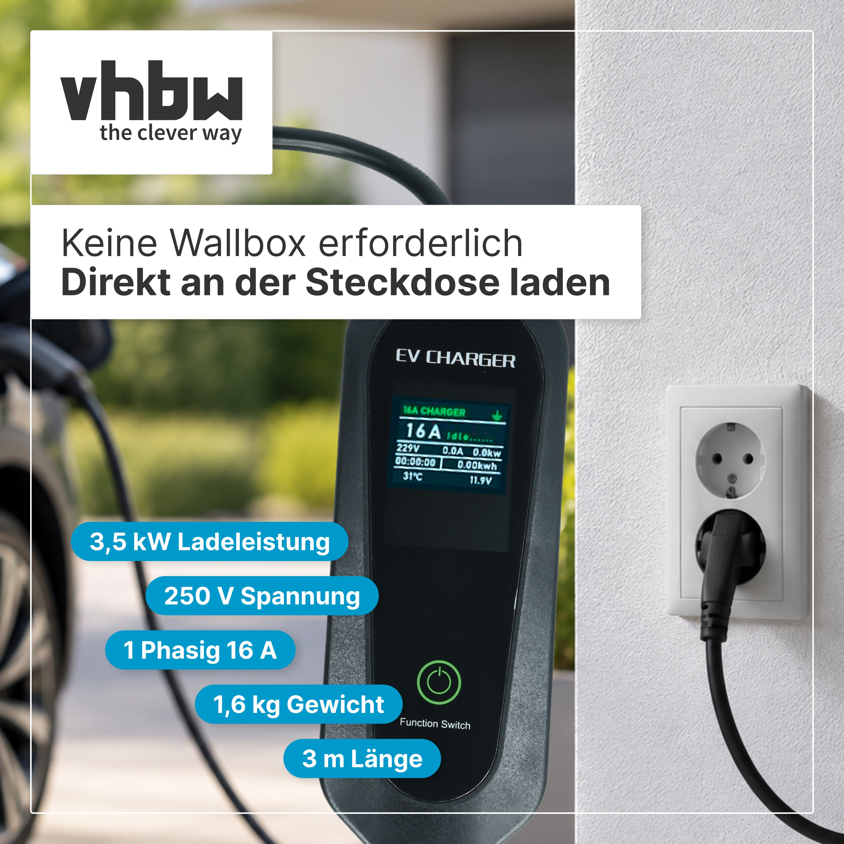 EV-Ladegerät mit Bildschirm und Texttafeln steckdosenbereit an Wand.