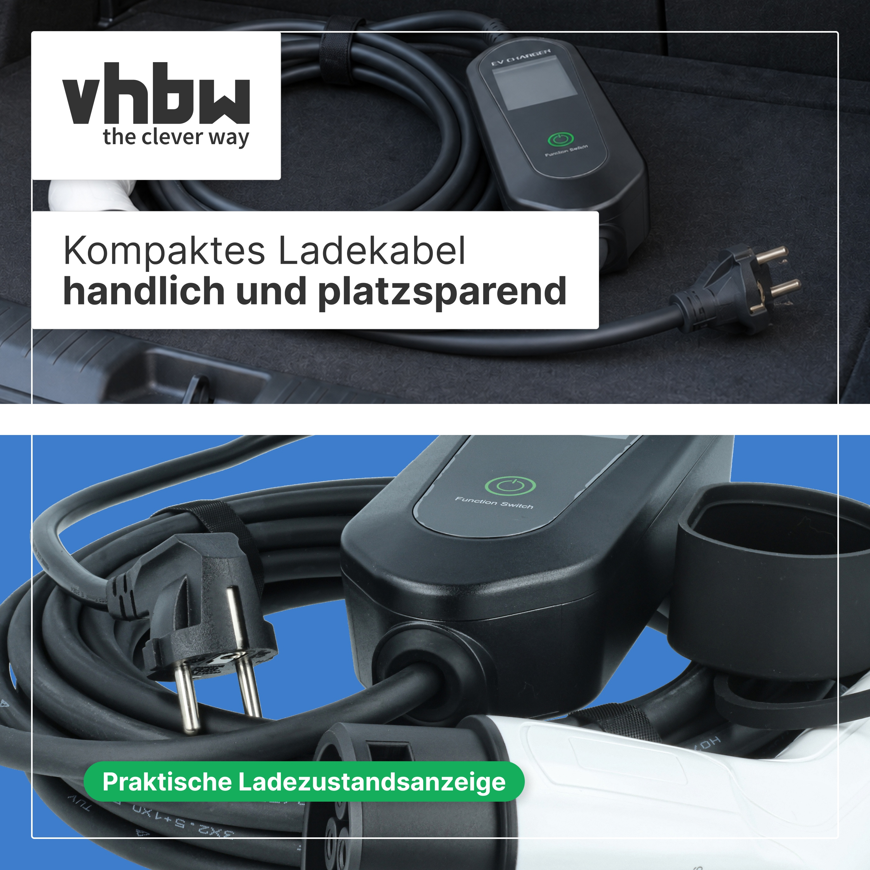Ein schwarzes EV-Ladekabel mit Stecker und Display, im Kofferraum.