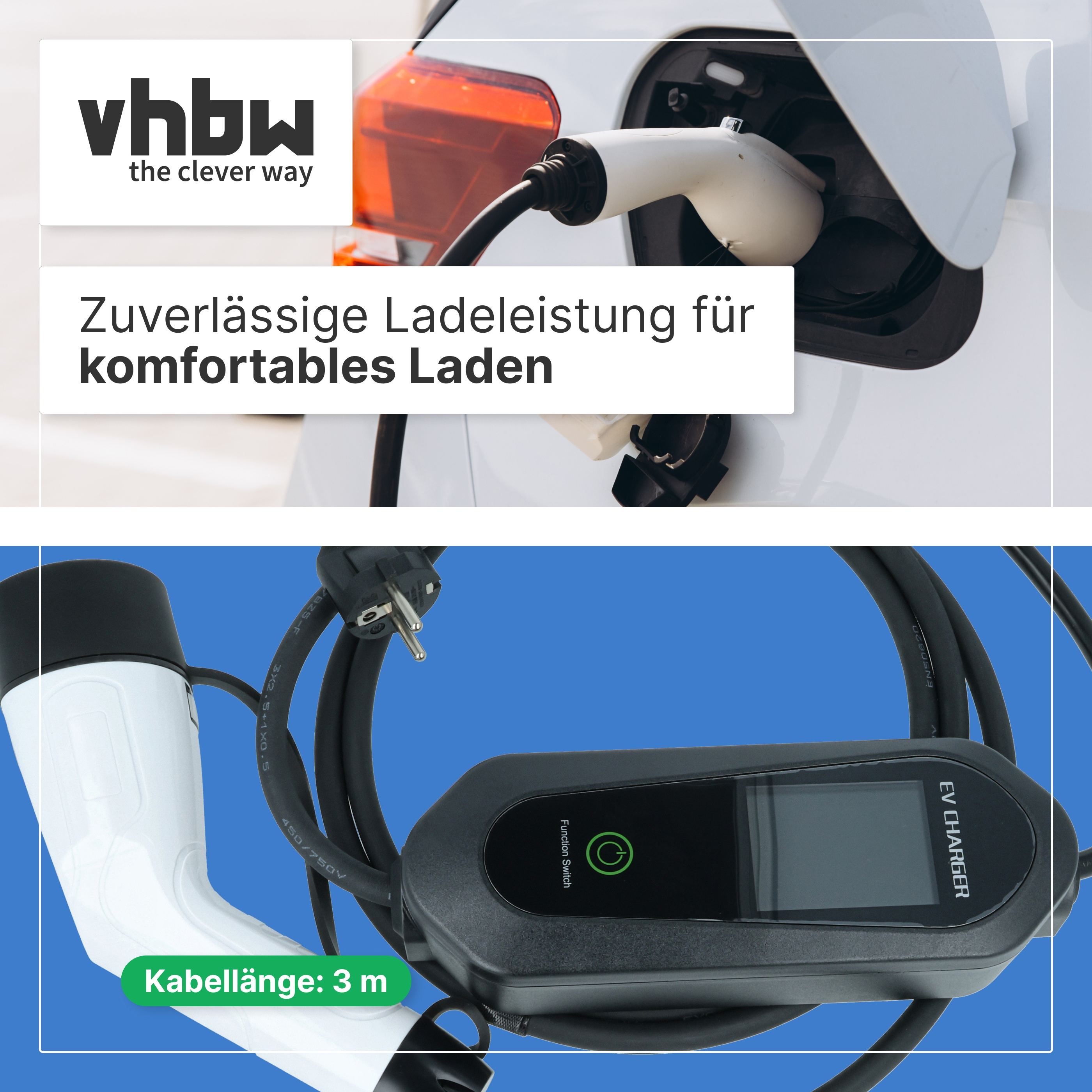 Ein EV-Ladegerät mit weißem Stecker, schwarzem Kabel und digitalem Display vor blauem Hintergrund.