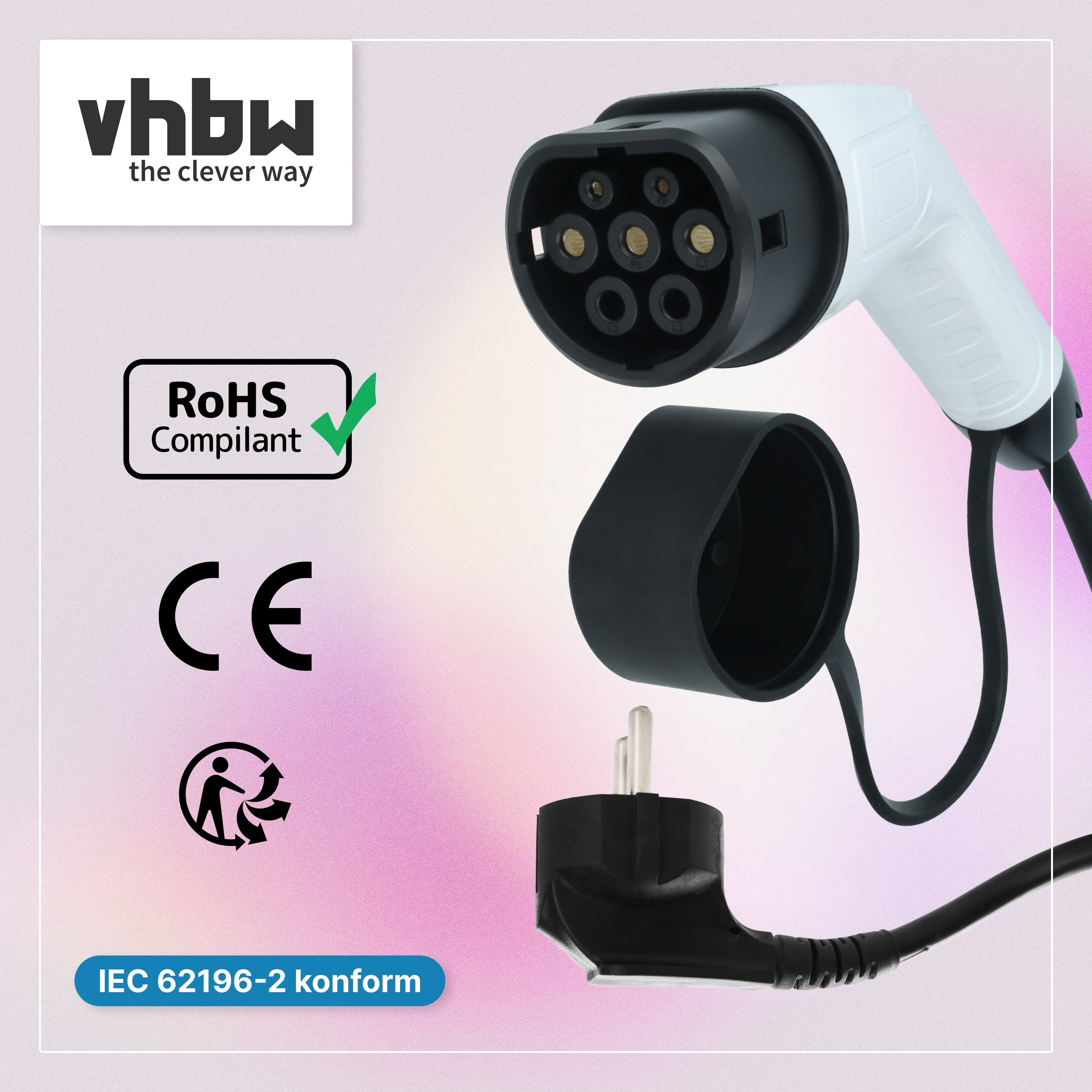 Weiß-schwarzer E-Auto-Ladestecker mit Kappe und Stromkabel vor rosa Farbverlauf.