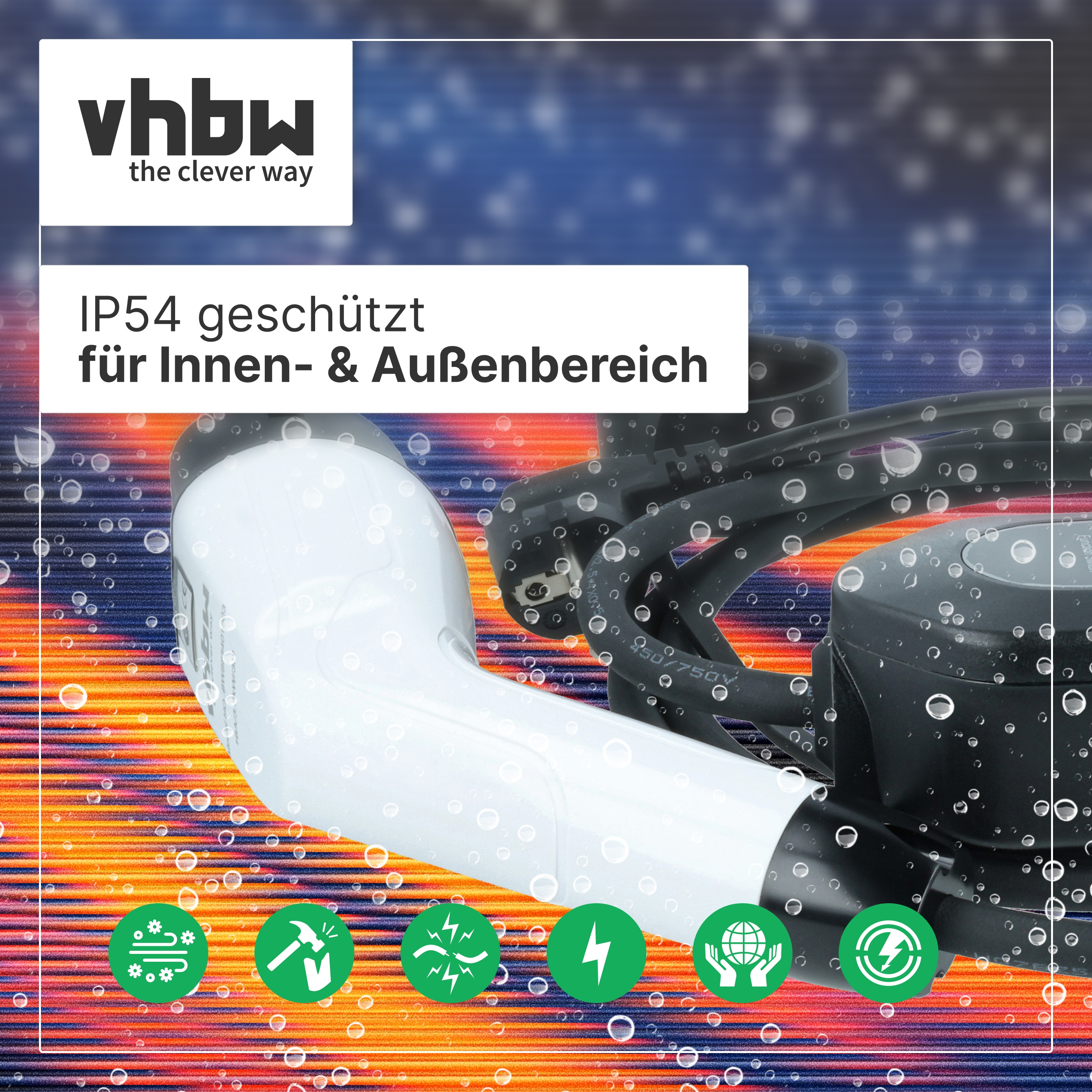 Wasserdichtes EV-Ladekabel mit IP54-Schutz für den Innen- und Außenbereich.
