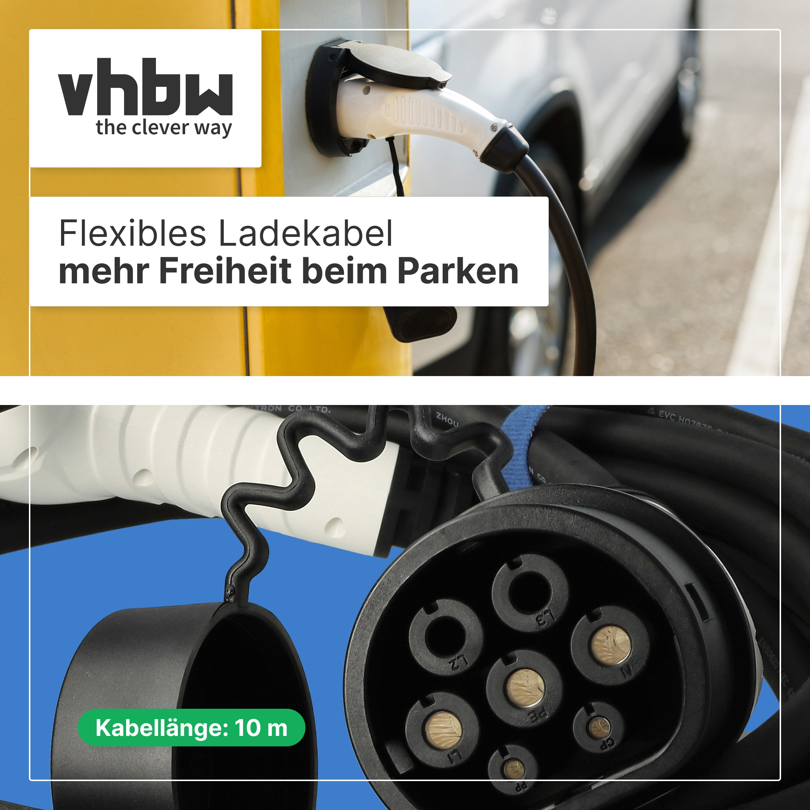 Ein weißes Ladekabel ist an einer gelben Ladestation eingesteckt. Unten ist der Stecker mit einer Länge von 10m zu sehen.