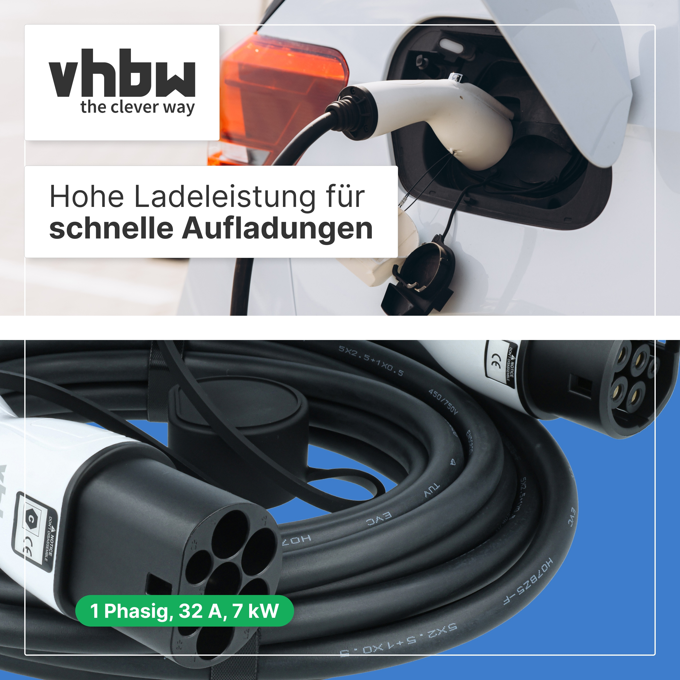 Weißes Elektroauto wird geladen, darunter ein schwarzes Ladekabel mit Steckern auf blauem Hintergrund.