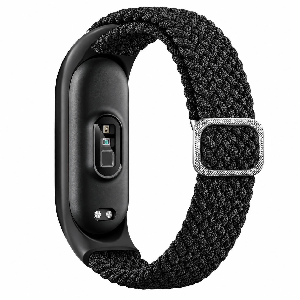 Ein schwarzes Fitnessarmband mit geflochtenem Stoffarmband und verstellbarer Metallschnalle vor weißem Hintergrund.