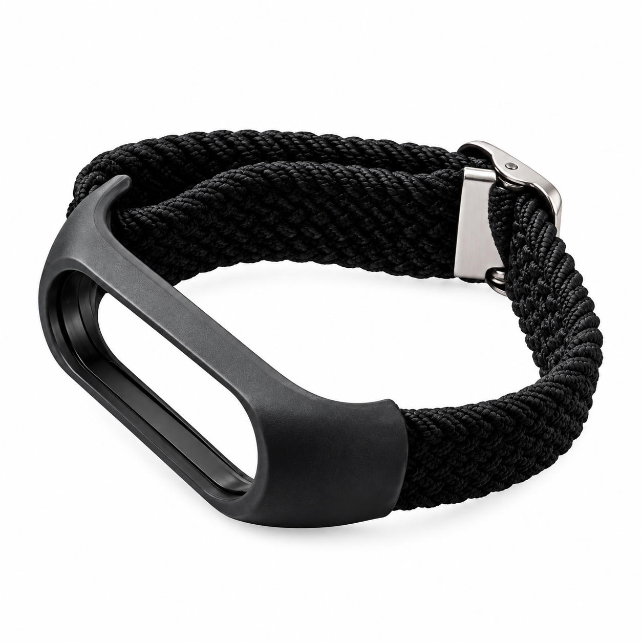 Ein schwarzes gewebtes Fitnessarmband mit schwarzem Rahmen und silbernem Verschluss auf weißem Hintergrund.