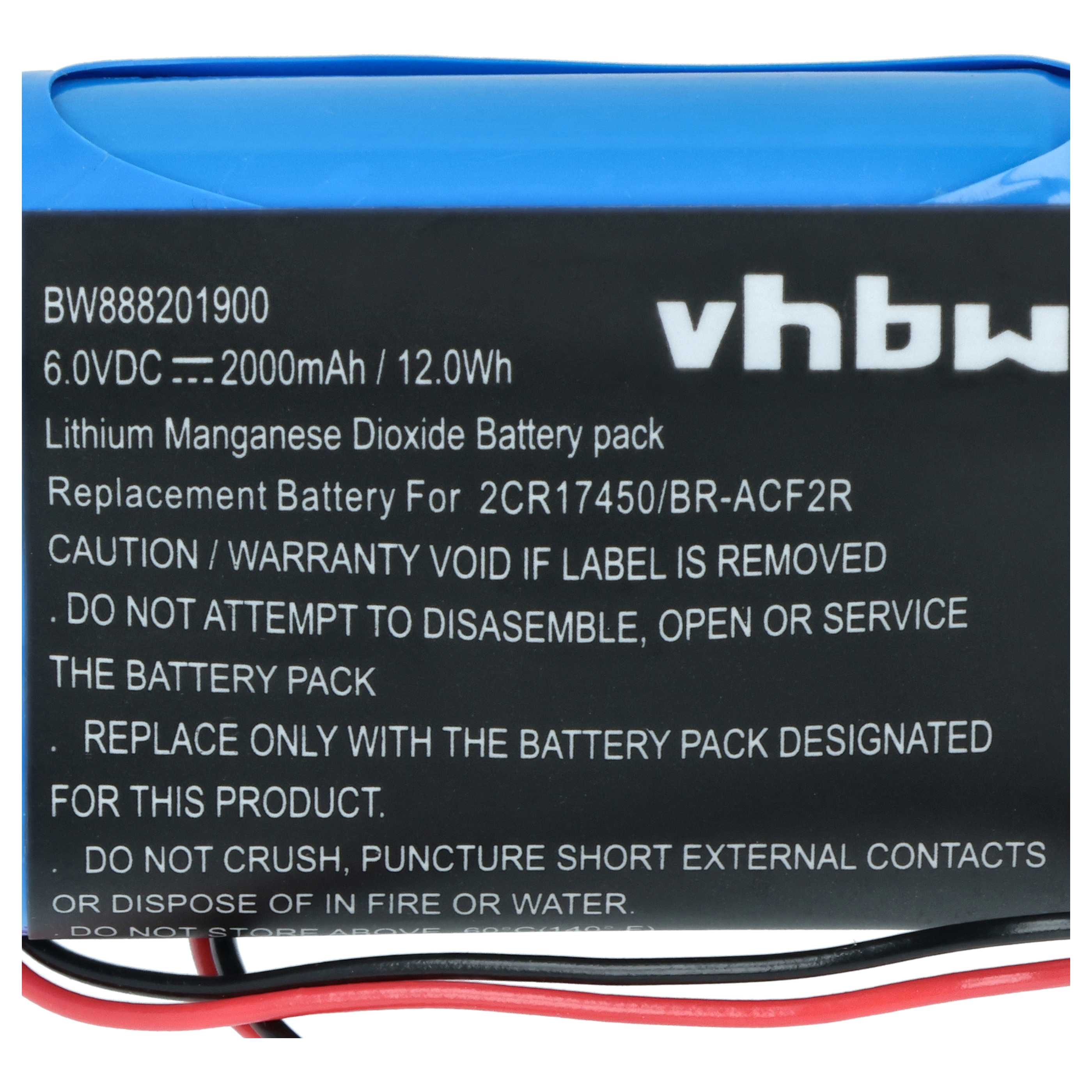 Blaue vhbw Lithium-Mangan-Dioxid-Batterie mit Warnhinweisen und Kabeln.