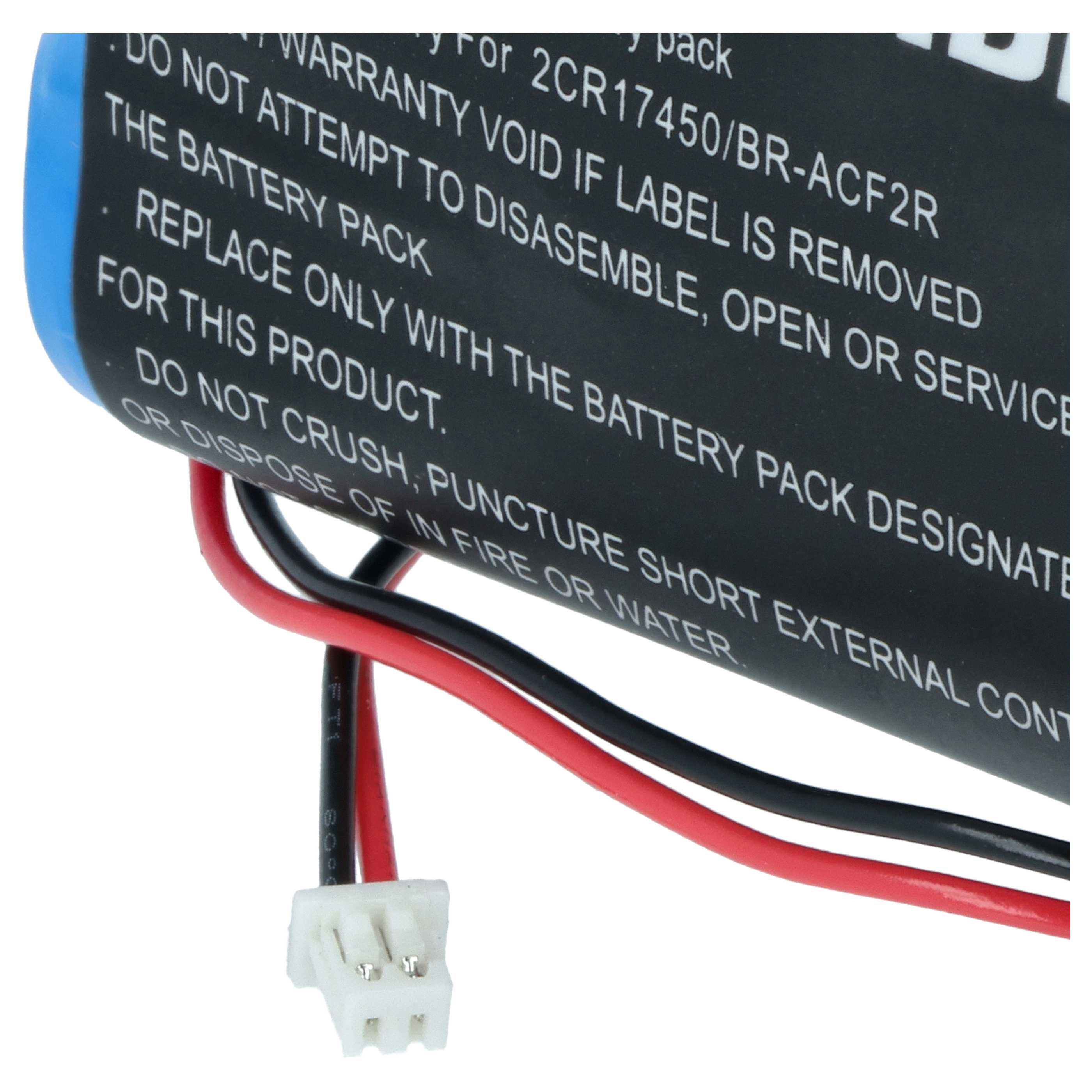 Batteriepack mit Warntext und verbundenen roten und schwarzen Kabeln mit weißem Stecker.